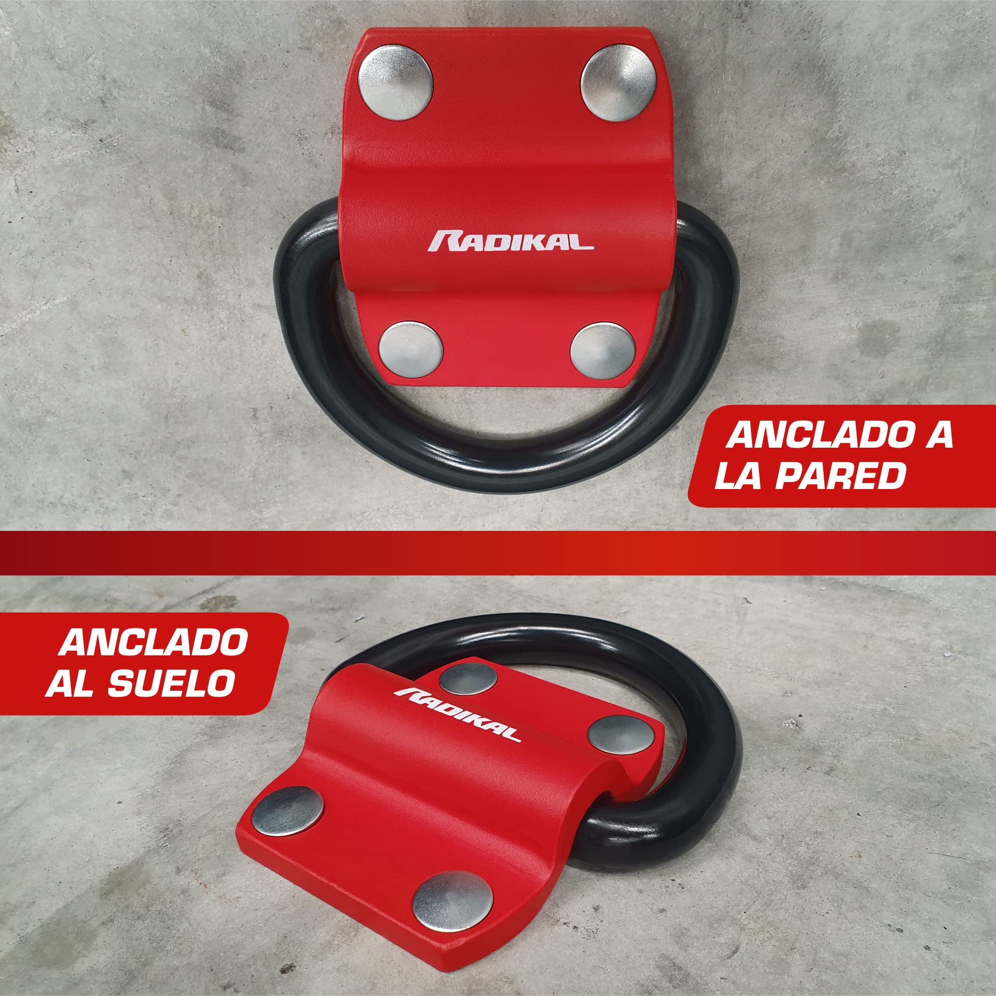 RADIKAL RK60 Anclaje Suelo Pared XXL Premium con Anilla Basculante de ø20mm para 2 Cadenas, Acero Máxima Resistencia y Tacos Blindados, Antirrobo Seguridad Universal para Anclar Moto Garaje Parking
