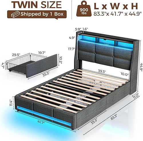Miniatura 2 de Rolanstar Base de cama de tamaño individual con luces LED y estación de carga, cabecera y cajones tapizados, listones de madera resistentes, fácil