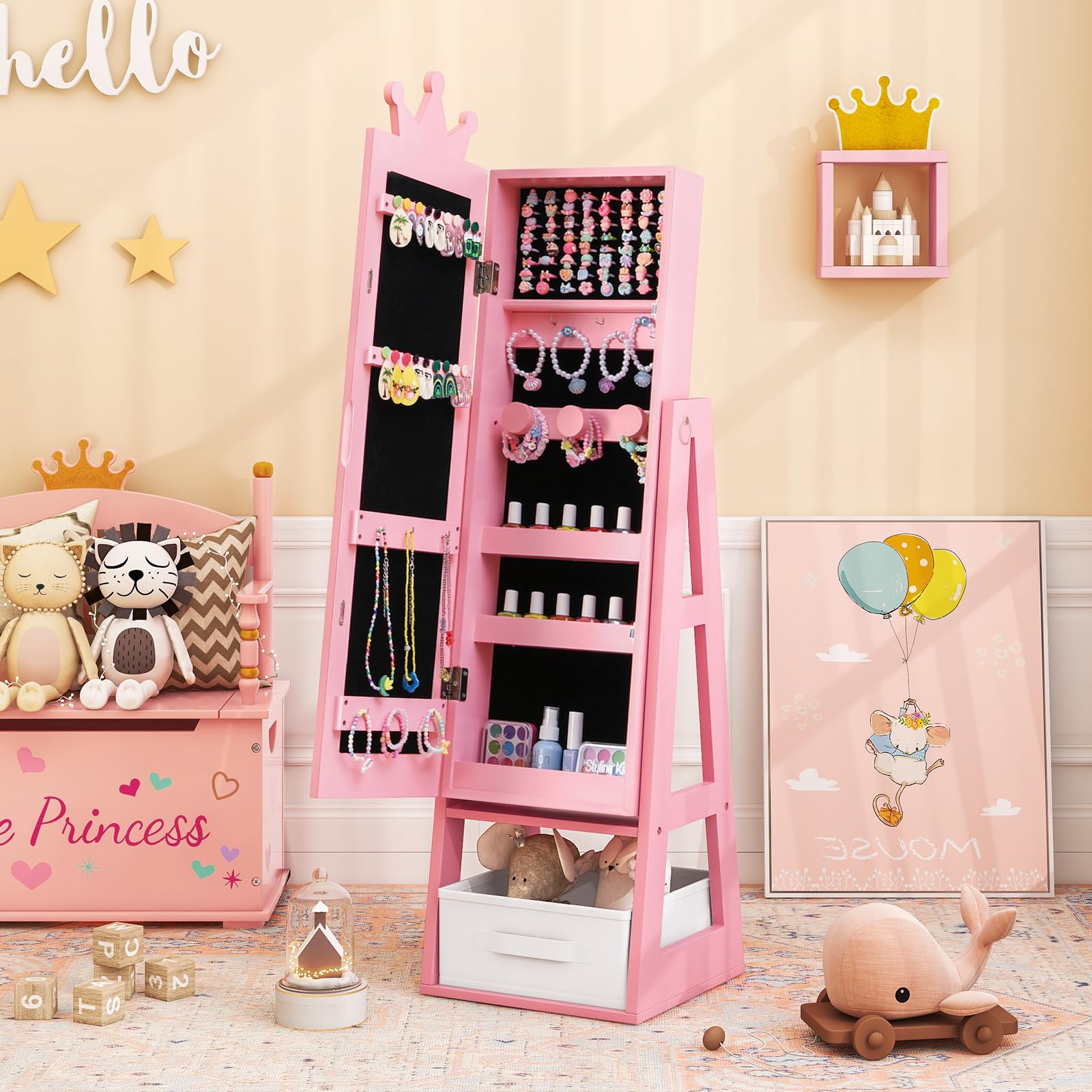 DREAMADE 3 en 1 Armoire à Bijoux Enfants en Bois,Organisateur de Bijoux Enfant avec Miroir Pleine Longueur,Tiroir Pliable,Anti-Bascule,Crochets,Meuble sur Pied Motif Couronne pour Filles (Rose)