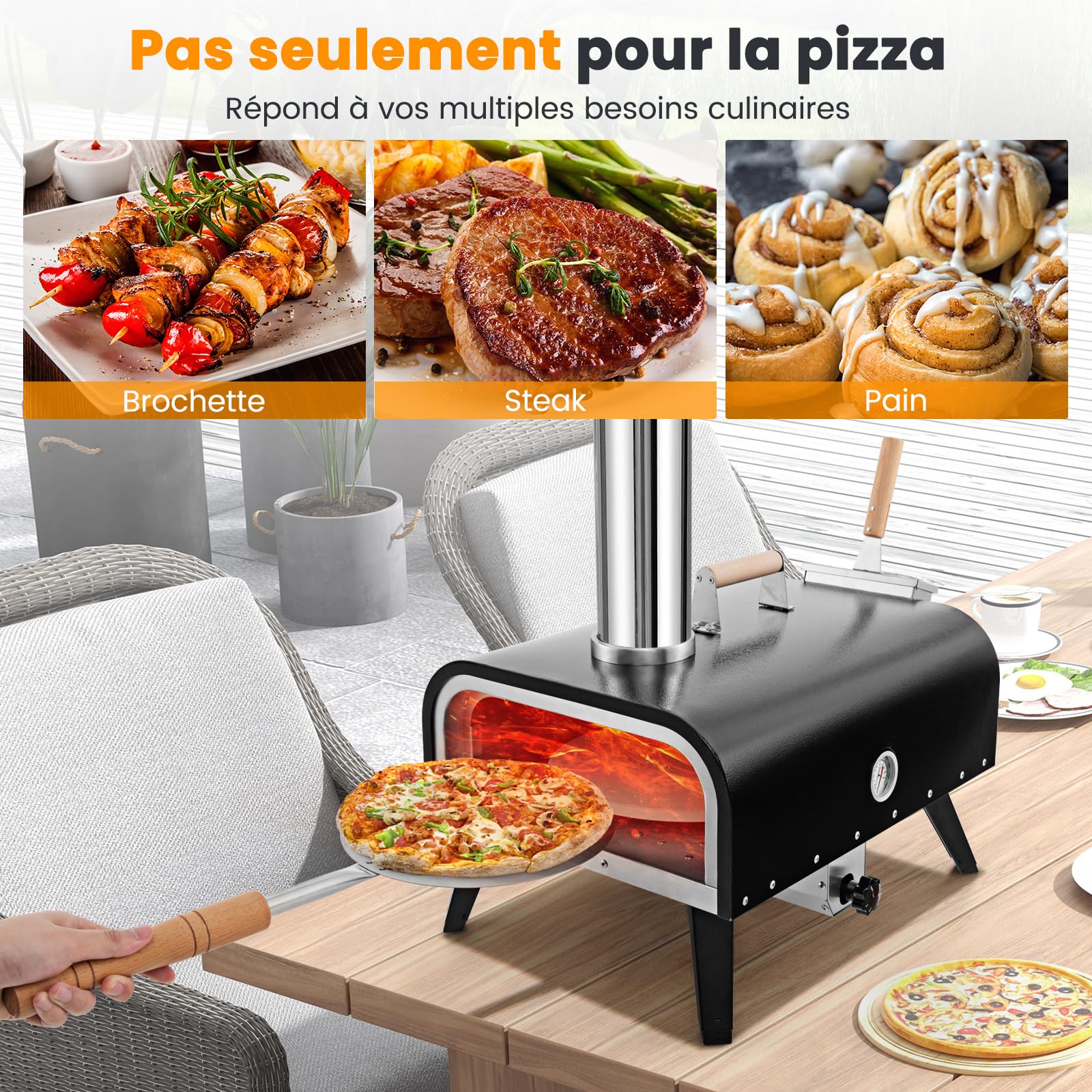 COSTWAY Four à Pizza Extérieur Portable en Acier Inoxydable 30 cm avec Pierre à Pizza, Poêle à Granulés de Bois Thermomètre Pelle Sac
