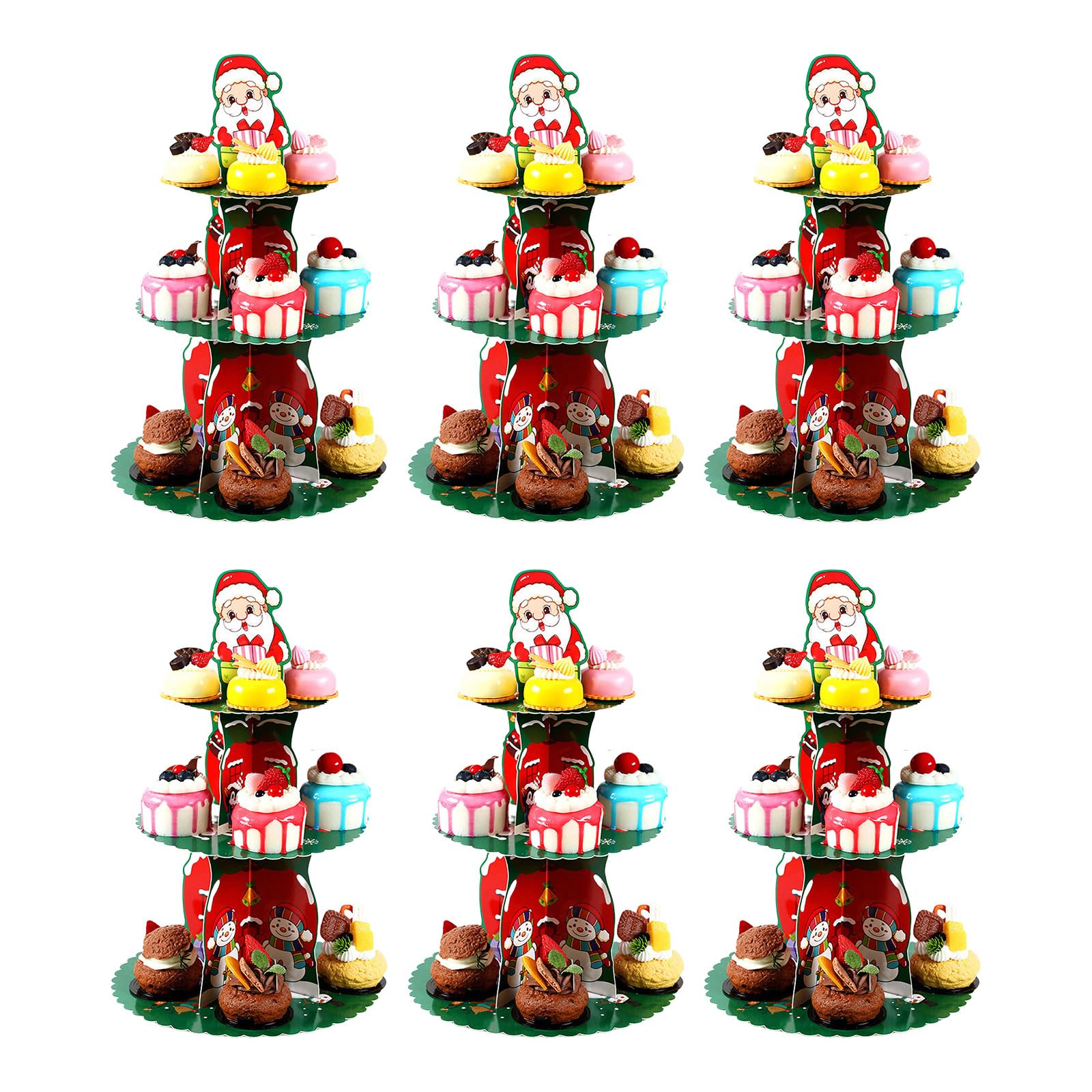 carotoe Of 6 Paper Cake Trays Christmas Themed Dessert Cupcake Stand 3 Tiers Foldable Snacks Rack for Family Gatherings Christmas Cake Stand
