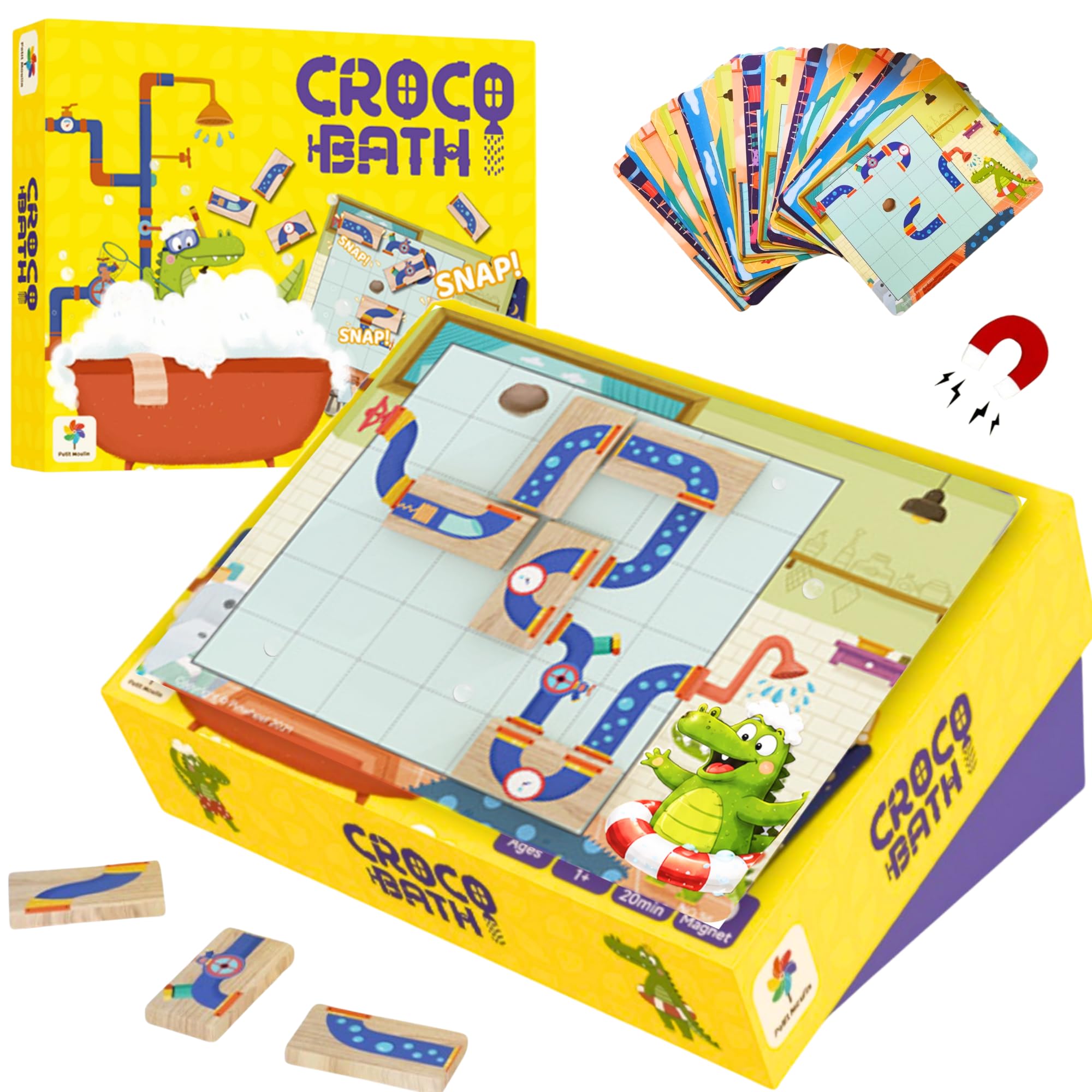 Croco Bath – Jeu De Logique Magnétique En Bois – 60 Défis 5 Niveaux – Dès 4 Ans