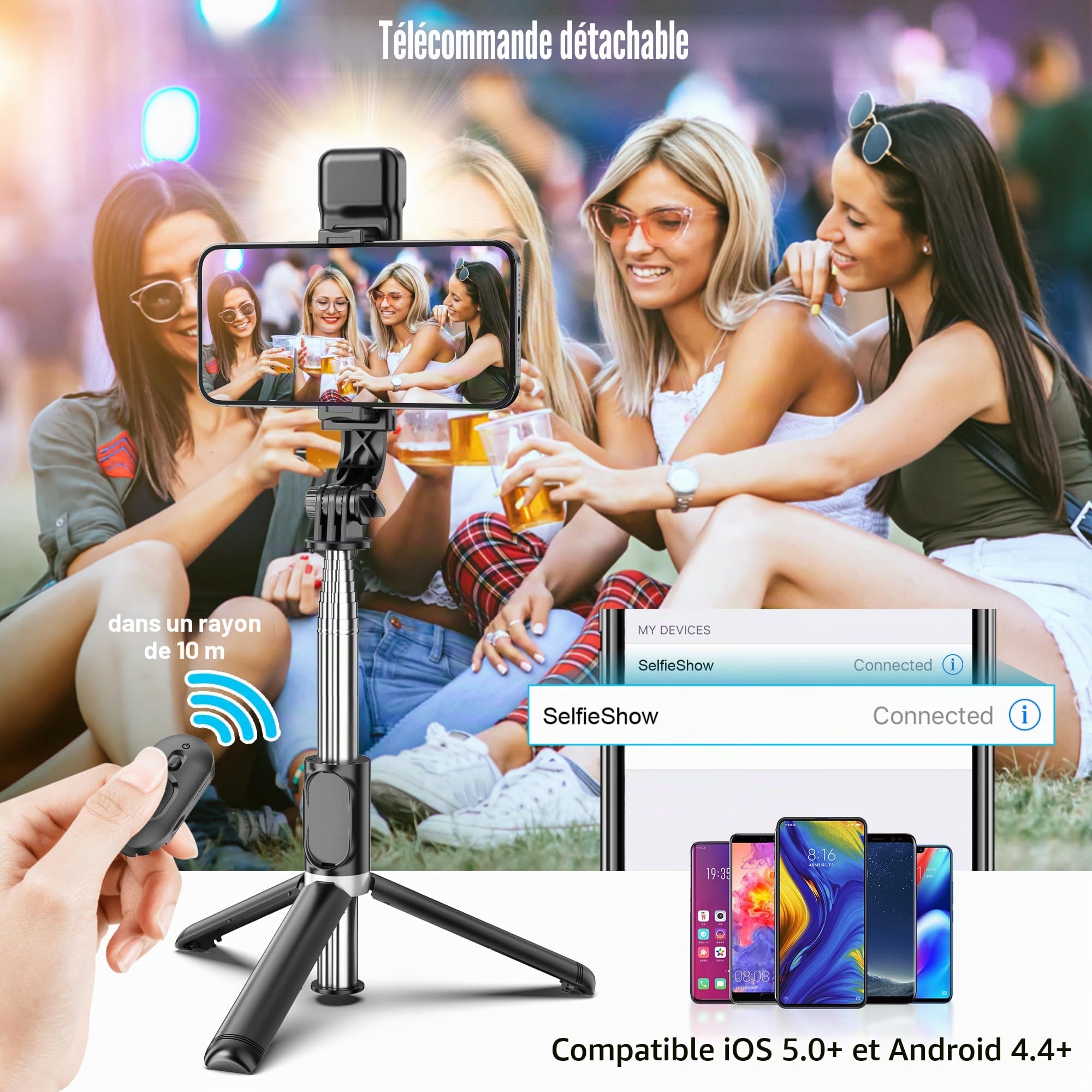 Perche Selfie Trepied avec Lumière, Perché à Selfie Trépied Smartphone Bâton Selfie Portable Télescopique avec Télécommande Amovible et Rotation à 360 ° pour iPhone, Samsung, Huawei