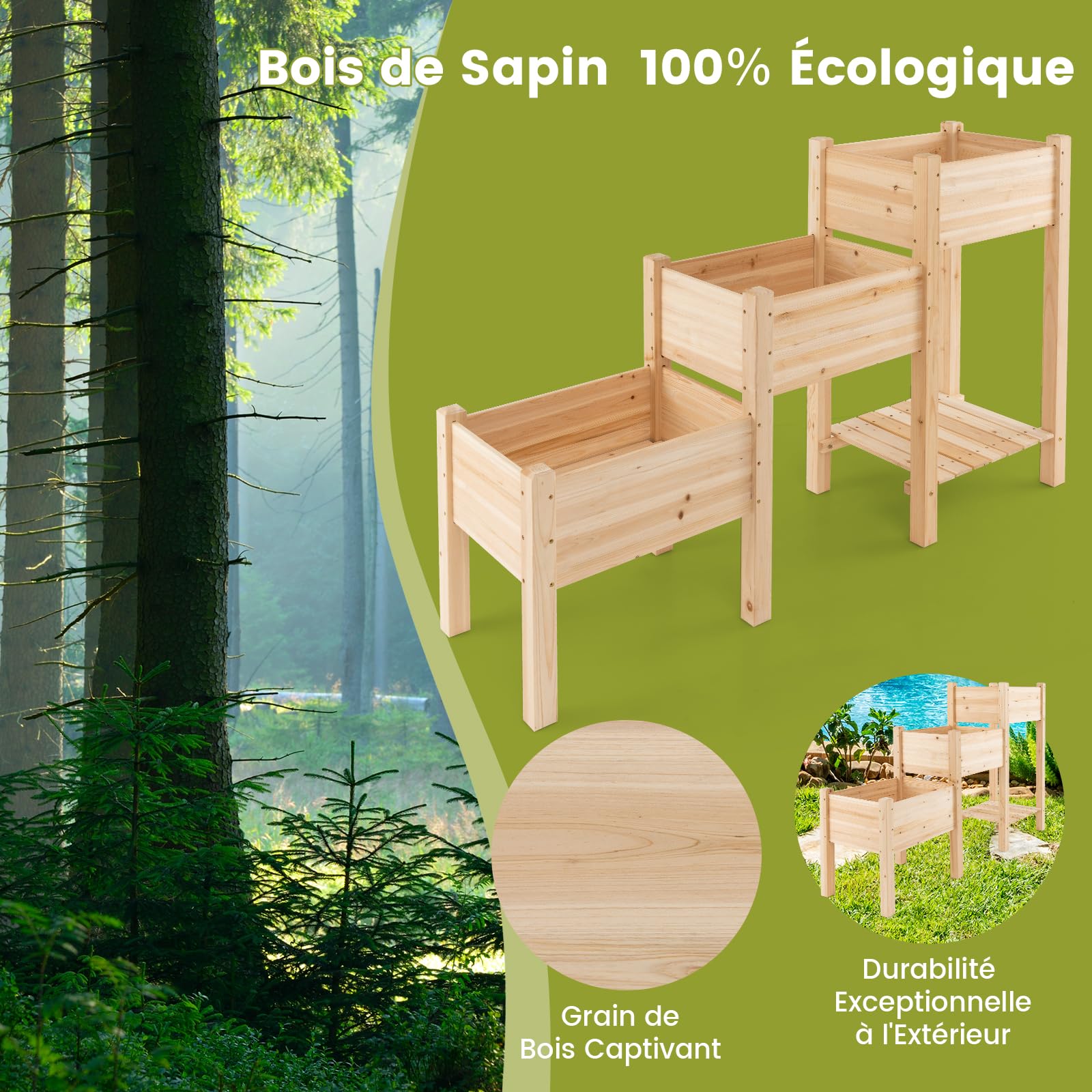 RELAX4LIFE Carré Potager Surélevé à 3 Étages en Bois | Jardinière Extérieure avec 3 Bacs à Plantes, Trous de Drainage et Étagère de Rangement Ouverte pour Fruits et Légumes
