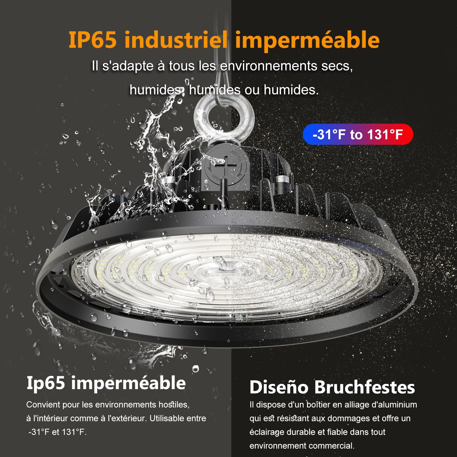 UFO 150W Projecteur LED Garage Atelier 22500LM Éclairage pour Atelier 4000K 120°Éclairage IP65 Lampe Industrielle Dimmable 90W/120W/150W Usines Entrepôts de Construction Garages Stades