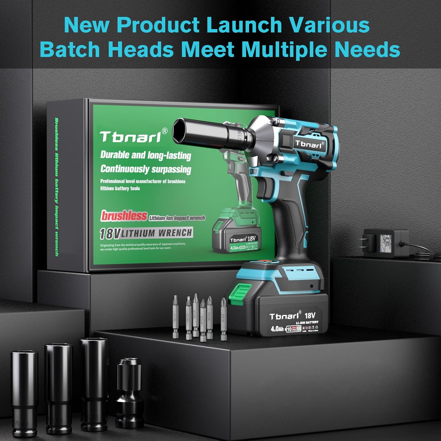 Cordless Impact Wrench 1/2inch High Torque 406 Ft-lbs 380N.m Brushless Impact Gun 2600RPM with 4.0Ah Battery 4 Sockets 6 Drill Bits and Charger