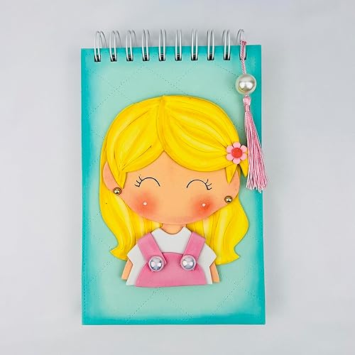 Libreta hecha a mano para ninas y amantes de la escritura, libreta espiral decorada con aplique de niñas. 100 paginas en el interior, impresas con