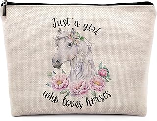 Just A Girl Who Loves Horses Cosmetic Bag, Watercolor Floral Horse Makeup Bag Zipper Cosmetic Pouch Bag Travel Linen Makeup Organizer, Horse Gifts for Women Girls Teenage Girls Horse Lovers