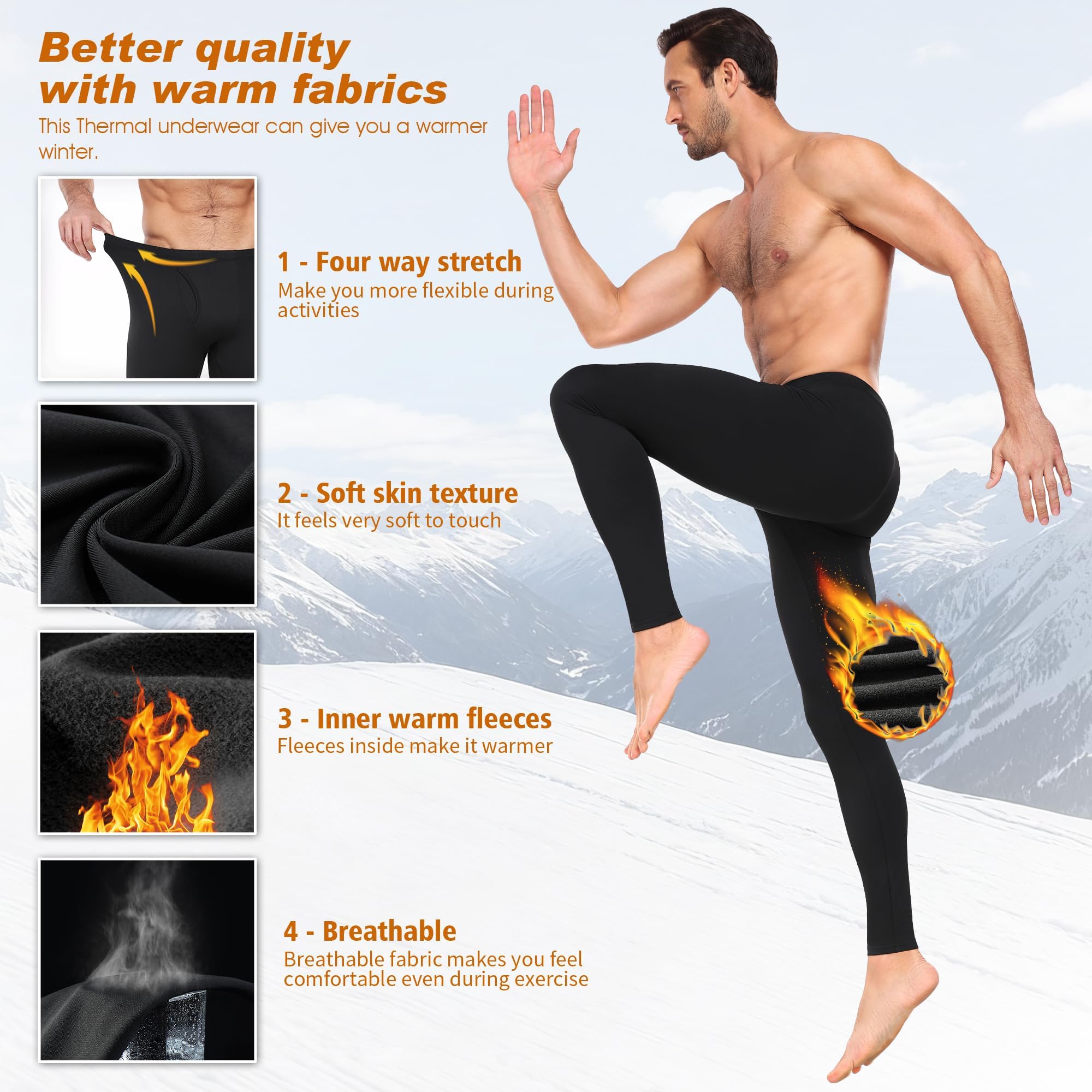 BENNIES Pantaloni Termici Uomo Pantalone Sportivi Intimo Termico Calzamaglia Abbigliamento Invernali Sottopantaloni Leggings Tuta Palestra Termiche Running Sci Nero Grigio