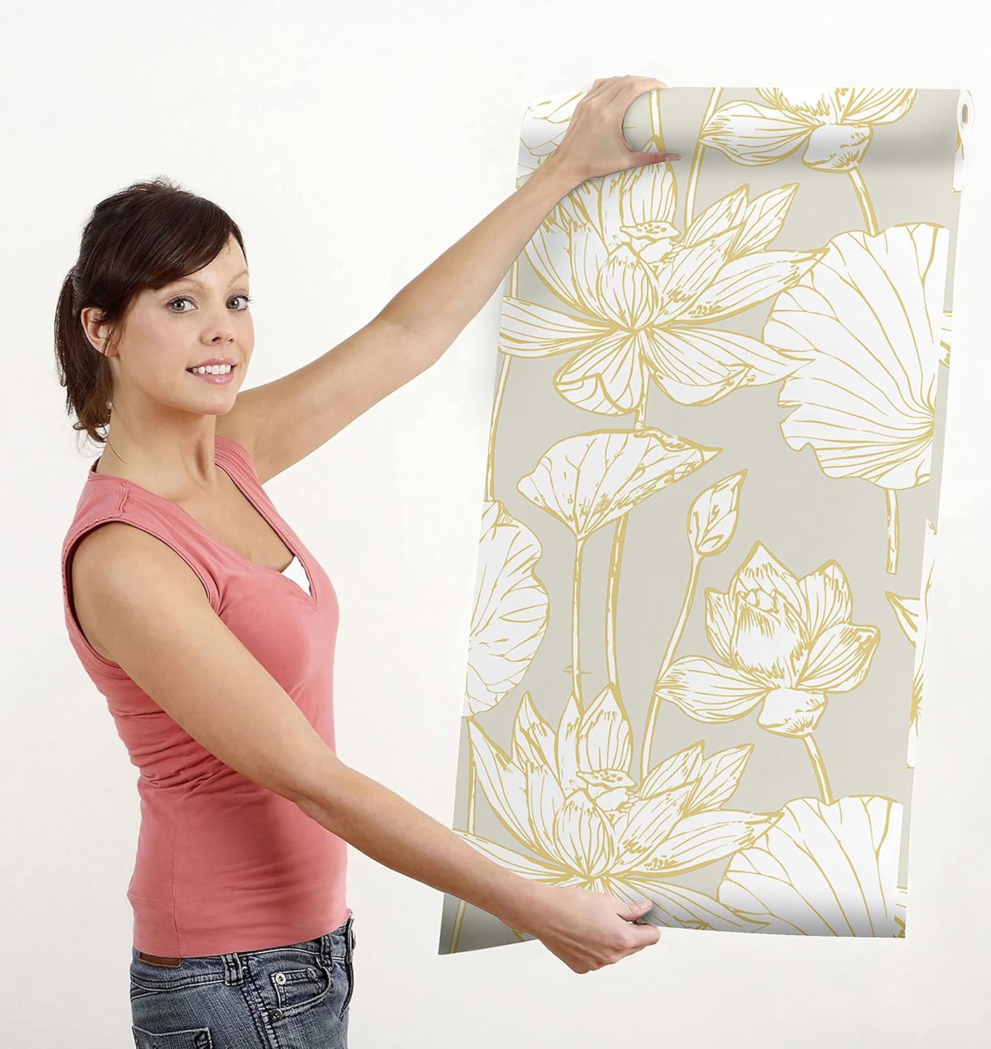 GW2018 Golden Oriental Lotus Flower Peel & Stick Wallpaper Roll 20.5" Wx18ft L