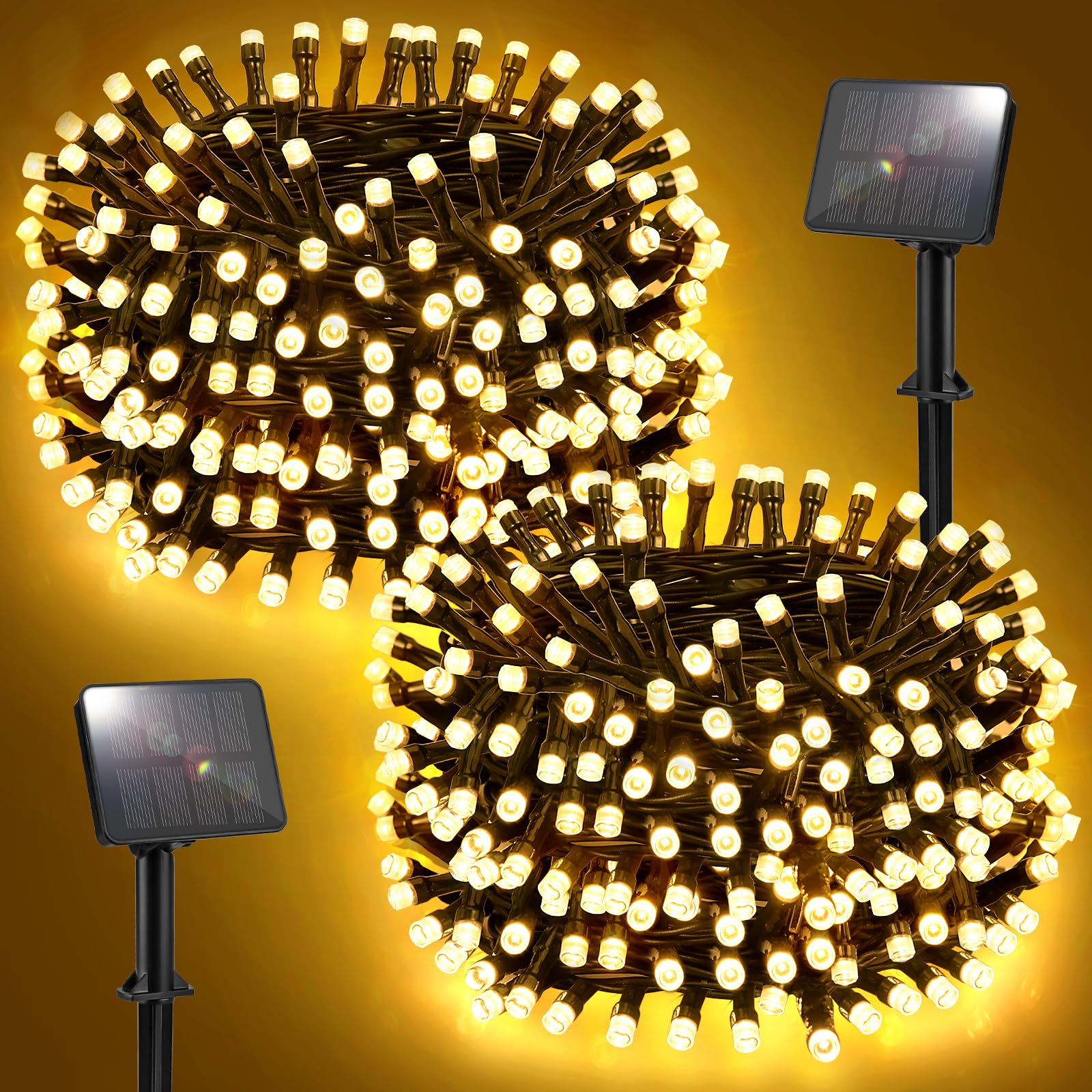 FFZZKJ Solar Lichterkette Aussen Insgesamt 100LED 10M Solar Lichterkette Outdoor Wetterfest 8 Modi IP44 Wasserdicht 5M*2 50LED*2 für Garten Terrasse Baum Hof Party, Warmweiß