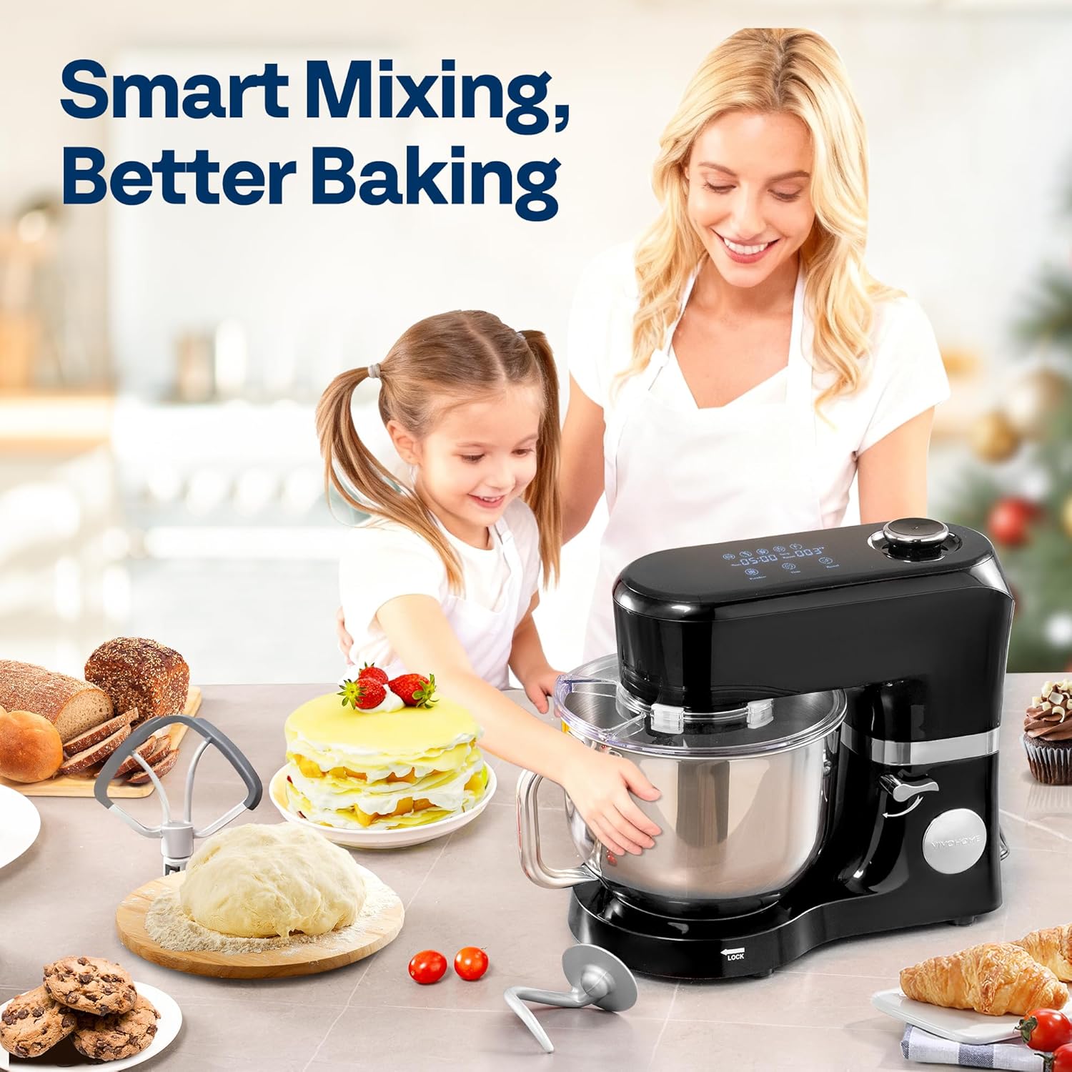 VIVOHOME Stand Mixer with Fermentation, One-Touch Presets Electric Dough Mixer with 6 Qt Bowl, Kitchen Standing Mixer for Baking, Cake with Flex Edge Beater, Bread Hook, Whisk, Black