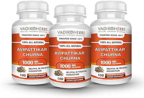 Vadik Herbs Avipattikar Churna Polvo | 3 Botellas Cápsulas (300 vegicaps)