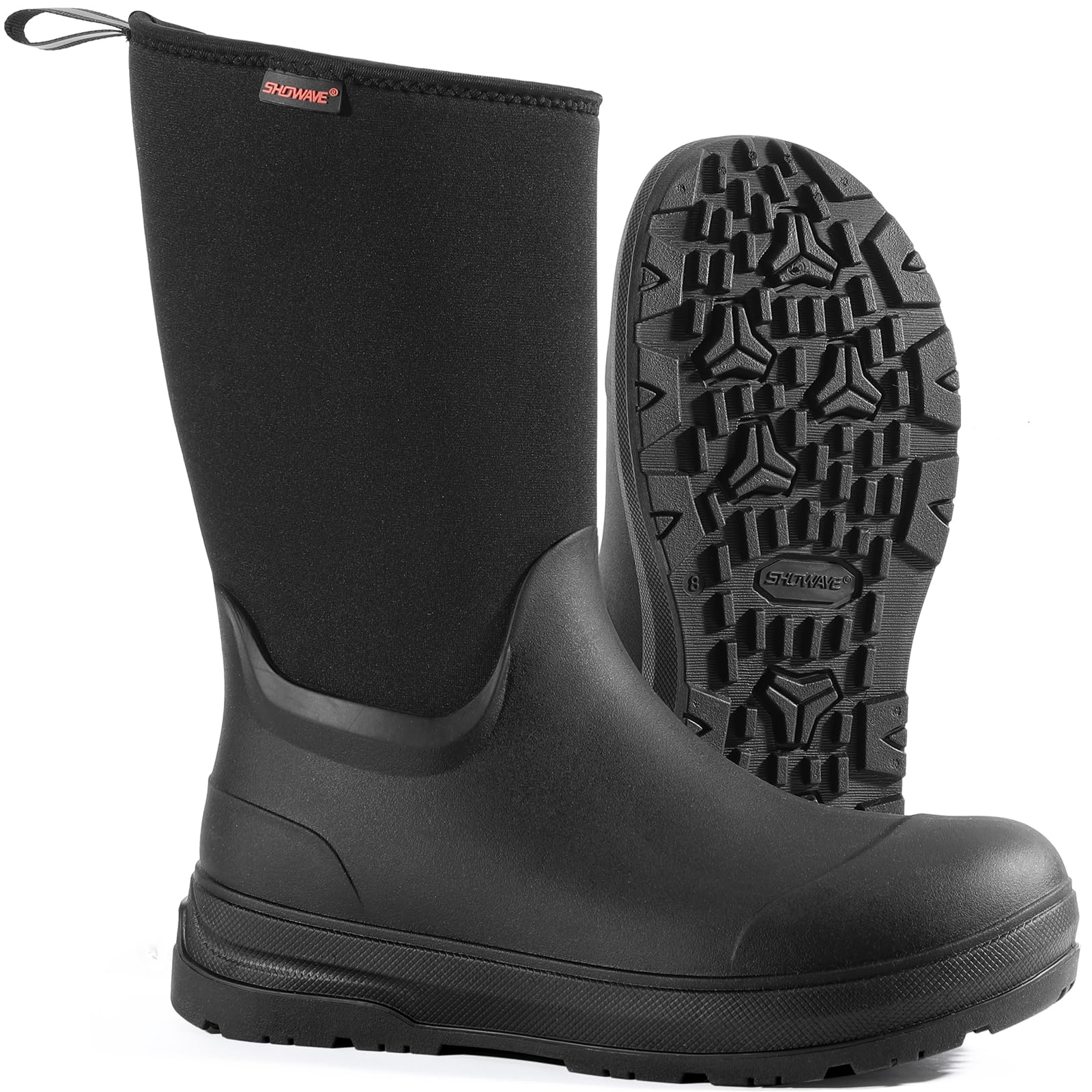 Showave Men's Ultra-Tough Rubber Work Boots Waterproof Rain Footwear Insulated Durable Garden Boots for Hunting Mud Outdoor, Size 10,Black