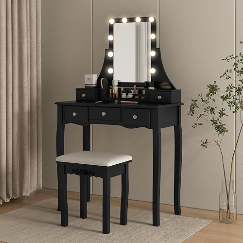 Miniatura 8 de CHARMAID Vanity Set with Lighted Mirror, 10 Dimmable Light Bulbs Vanity Dressing Table, 5 Drawer with 2 Dividers Removable Organizer, Makeup Table