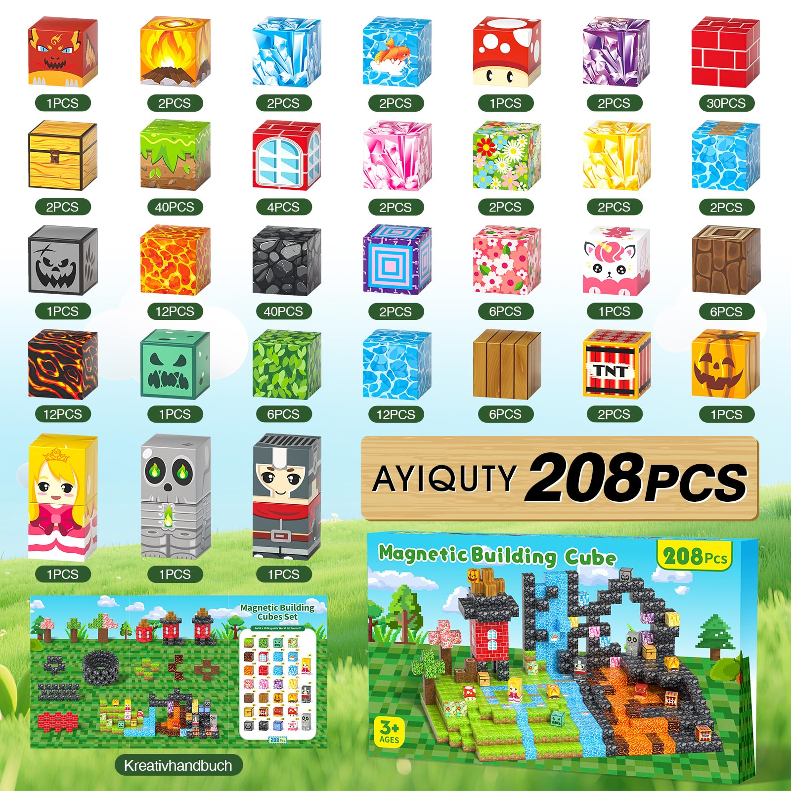 Magnetische Bausteine, 208PCS Magnet Würfel Kinder, 23 Elemente Magnetbausteine, Kreative Magnetic Blocks Set für Kinder, Magnetspiel Spielzeug Geschenk ab 3 4 5 6 7 8 9+ Jahre Junge und Mädchen