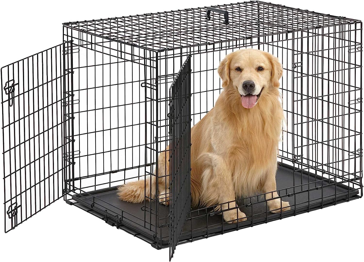 JupiterJx Metal Dog Crate Cage, Foldable Puppy Pet Cage With 2 Doors Easy Clean, Durable Dog Cage With Carrier Handle & Chew Resistant Plastic Base Tray For Dog Puppy Training (Black, 48")