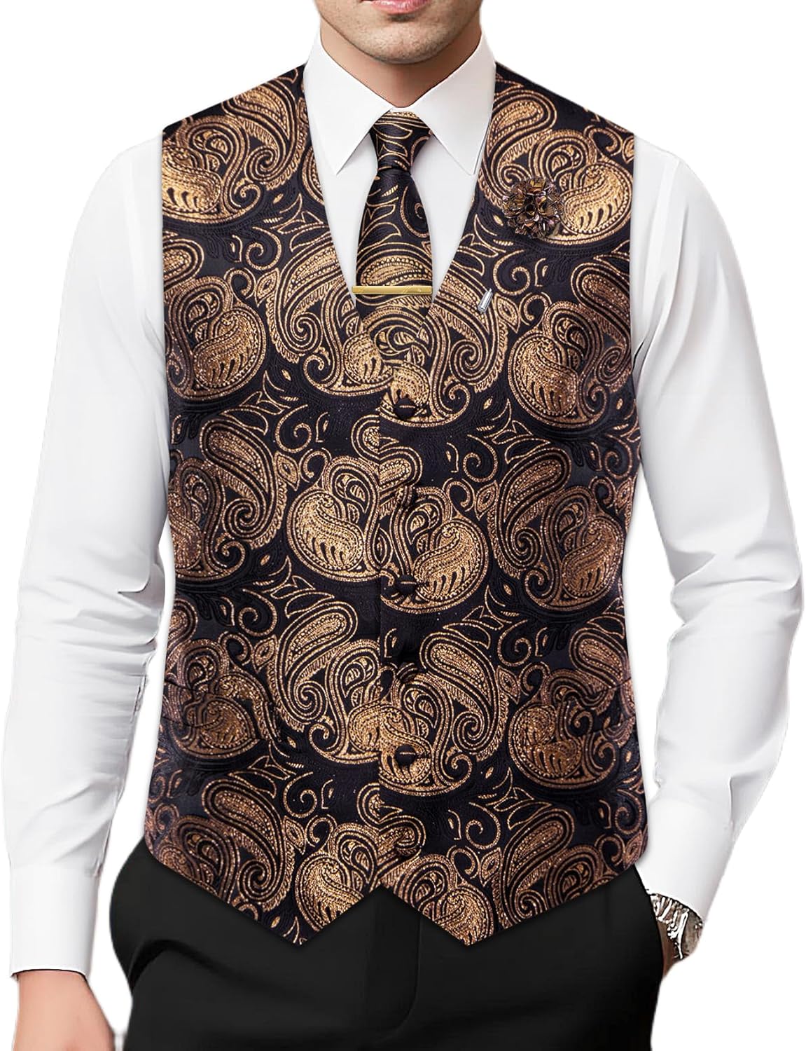 Hi-Tie Mens Silk Vest Set 6 PCS Dress Vest and Tie Pocket Square Lapel Pin for Work Wedding Business - Image 2