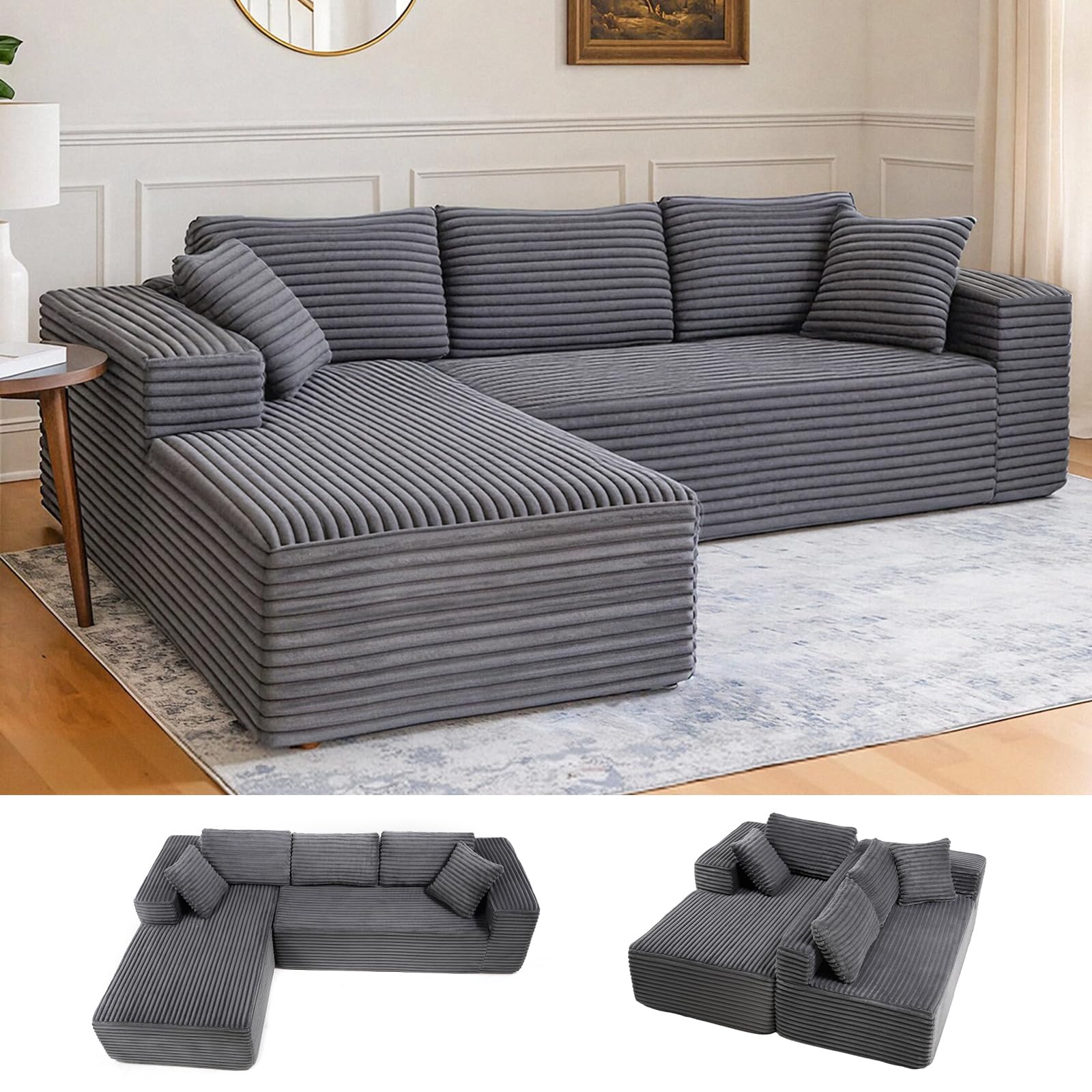 COMHOMA 105 ” modulares Sofa mit tiefer Sitzfläche, L-förmige Couch mit breiten Armlehnen, Cordstoff, hochdichter Schaumstoff, Chaiselongue für das Wohnzimmer,kein Zusammenbau erforderlich, dunkelgrau