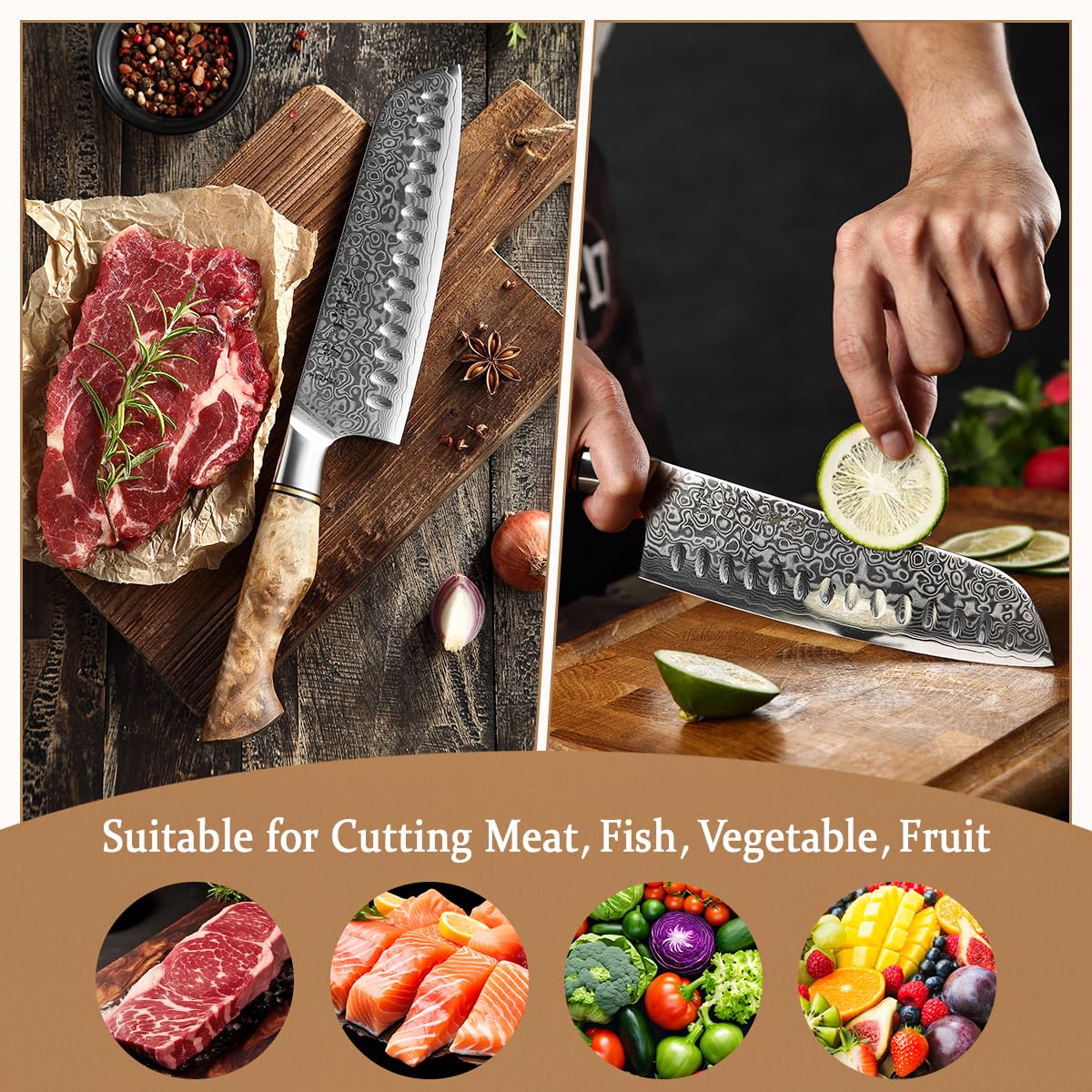 HEZHEN Nóż Santoku, Nóż Szefa Kuchni ze Stali Damasceńskiej, Azjatycki Nóż Kuchenny w Stylu Japońskim,Rękojeść z Drewna Sycamore