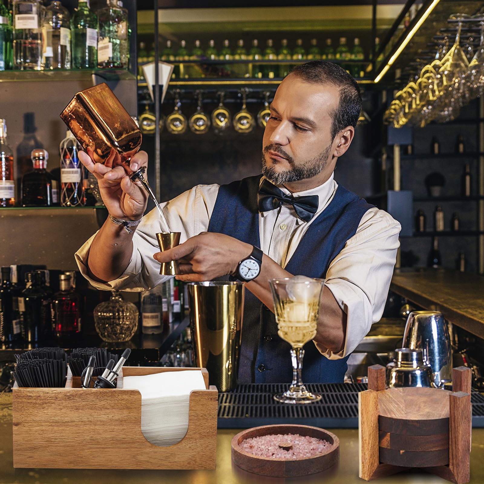 Mifoci Barista multifunzione a 5 ripiani in legno di acacia con 12 pezzi in acciaio inox classico versatore per bottiglie con 6 scomparti, 1000 pezzi mescolatori per caffè e cocktail 200 tovaglioli