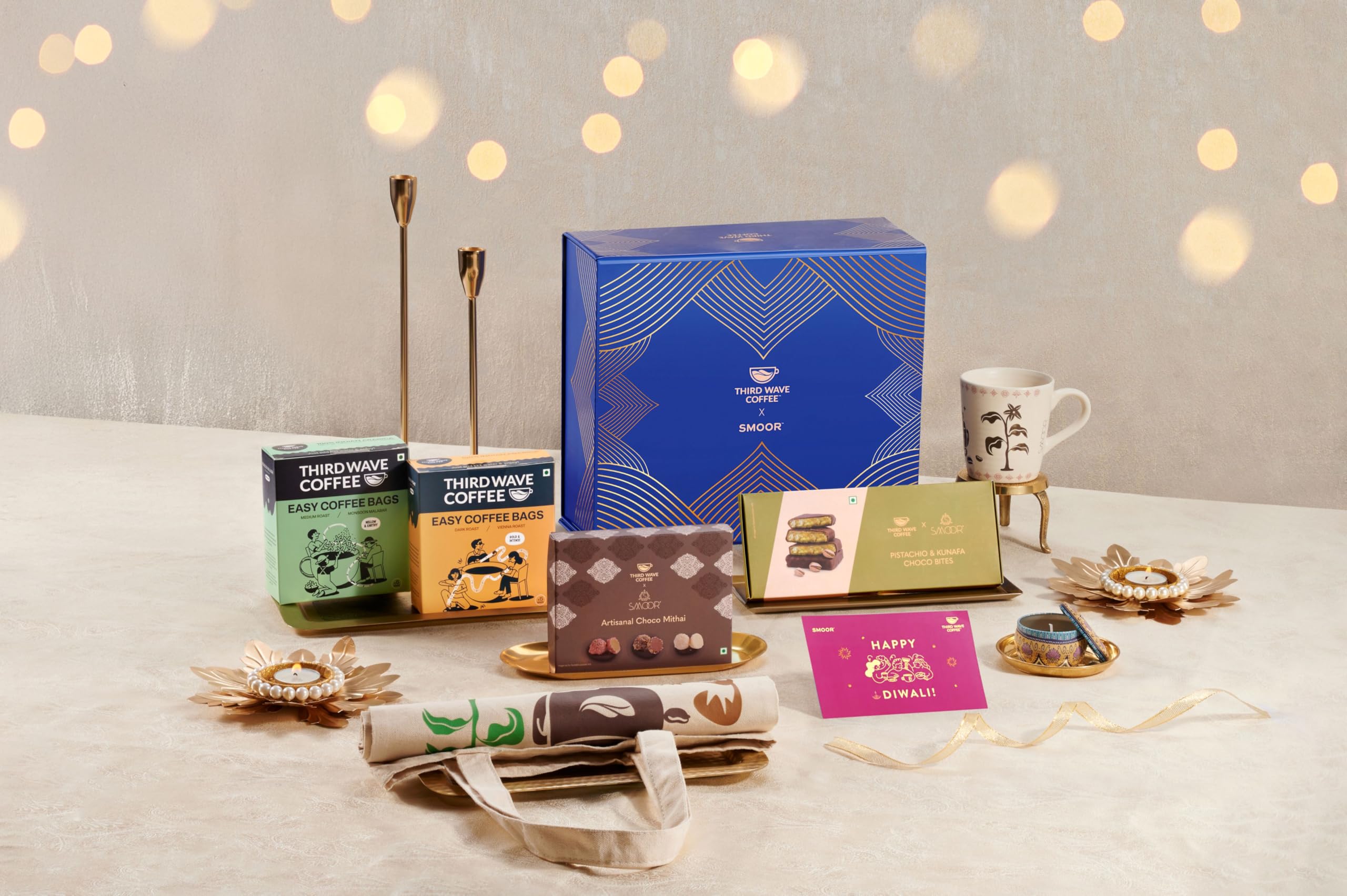 THIRD WAVE COFFEE Indulgence Hamper Gift Box Vienna Roast and Monsoon Malabar Coffee, Choco Mithai, Pistachio & Kunafa Bites, Mug, Tote Bag | Christmas and New Year Gifts Hampers for Family & Friends