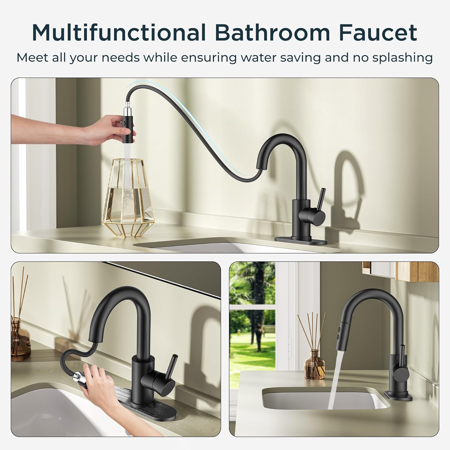 FORIOUS Matte Black Bathroom Faucet with Pull Down Sprayer, Single Hole Bar Sink Faucet 1 Hole with Pop Up Drain Hose, Suitable for Bathroom, RV,Vanity, Restroom & Utility Sink - Image 5