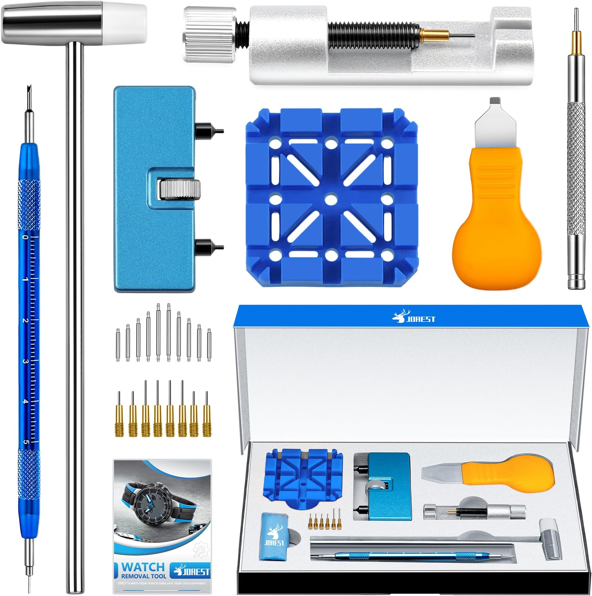 JOREST Watch Repair Tool Kit for Battery Replacement, Strap Adjustment Resizing, Watch Link Pin Remover, Watch Opening, Pry Knife Case Opener for Watch Back Removal, with Watch Hammer, Spring Bars