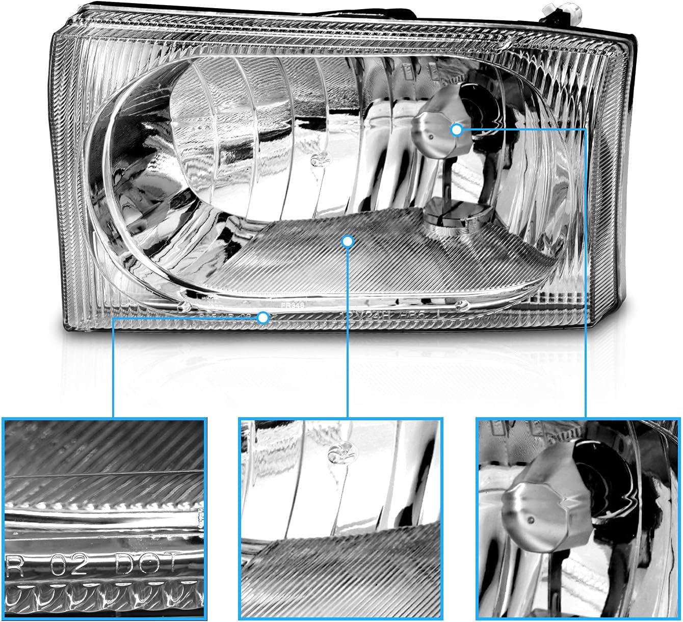 AmeriLite for 1999-2004 Ford Super Duty F-250/F-350/F-450/F-550 | Excursion Chrome Headlights Beams Pair - Passenger and Driver Side