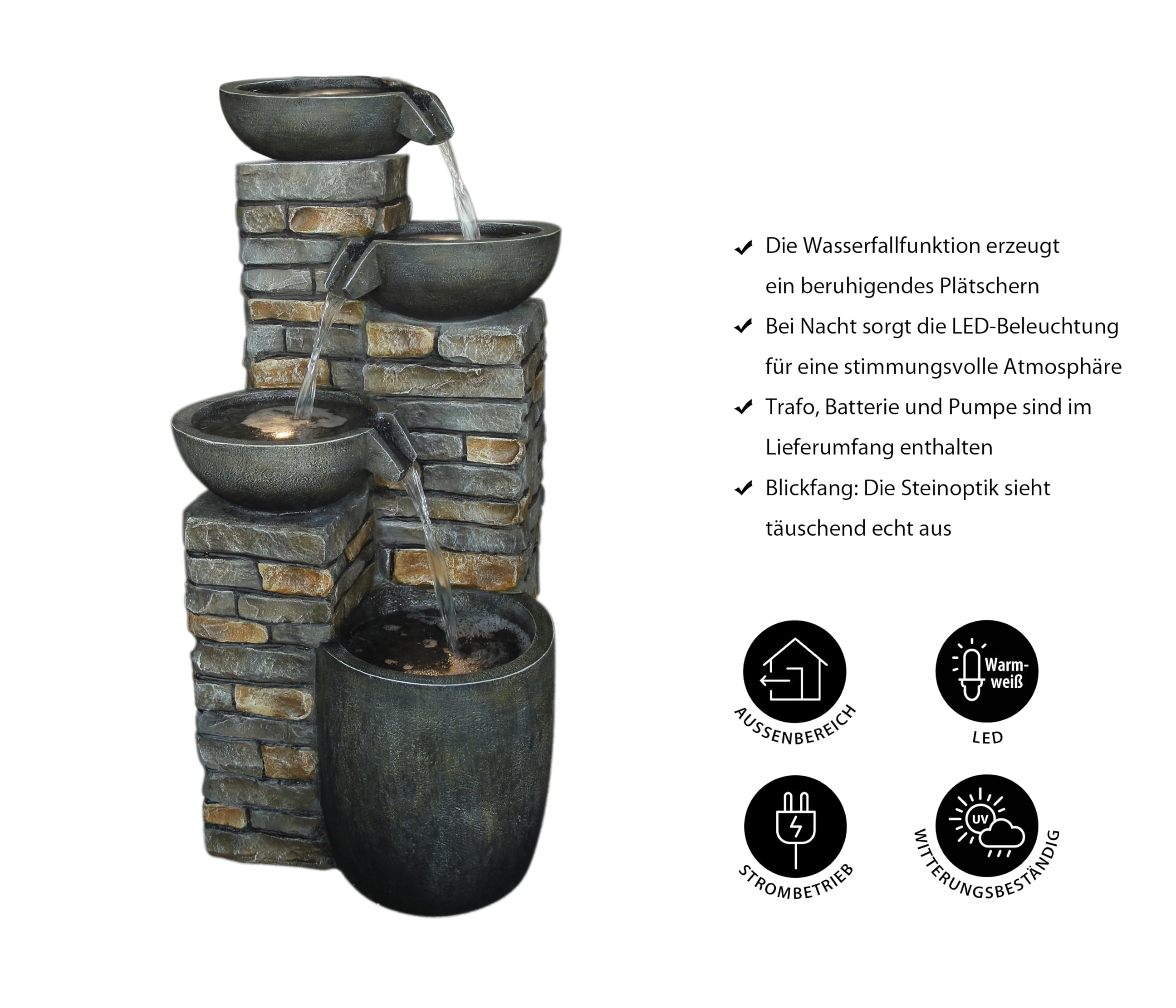 Dehner Gartenbrunnen Mattone, Outdoor-Brunnen, mit LED-Beleuchtung, solarfähig, ca.46x89x43 cm, Polyresin, grau