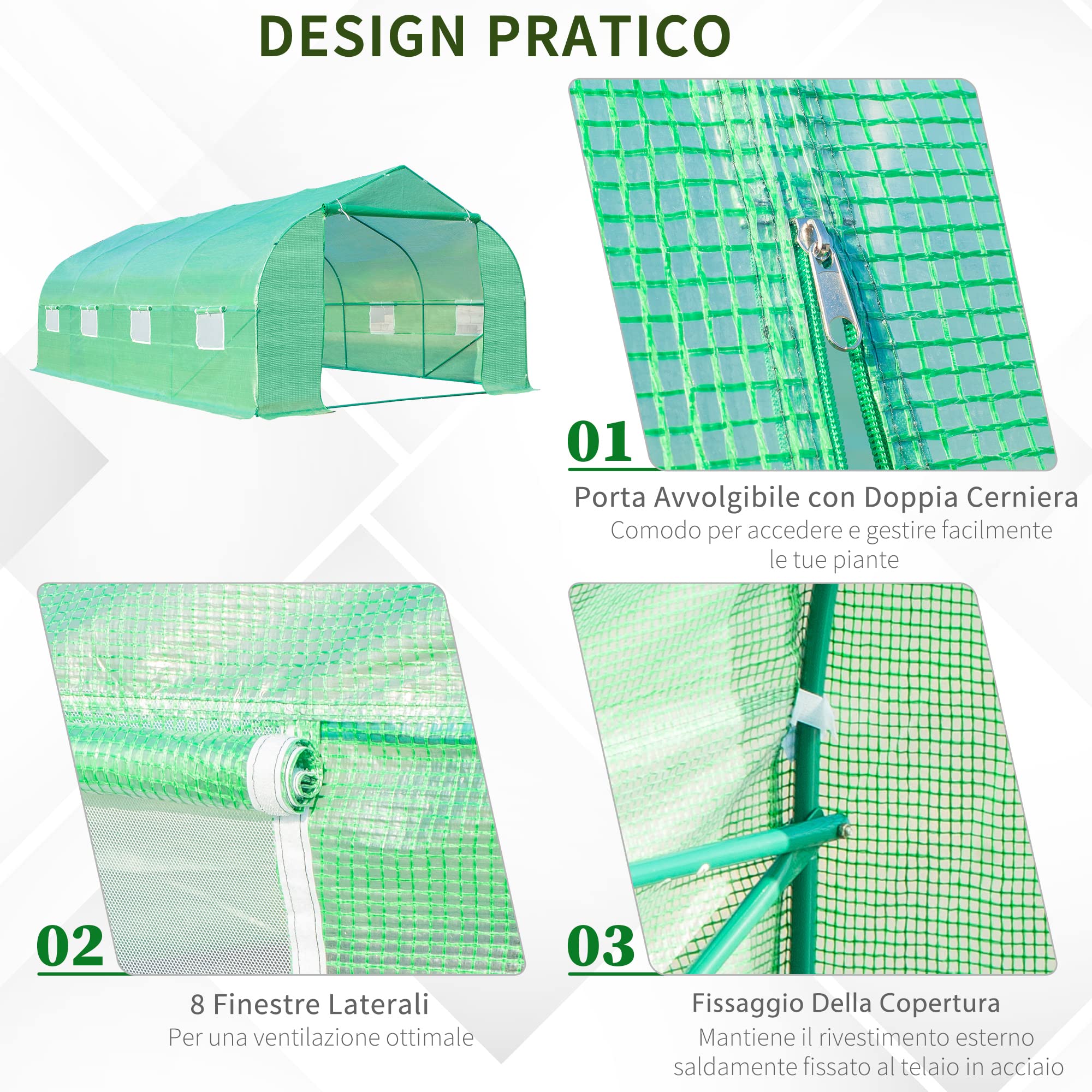 Outsunny Serra a Tunnel 6x3x2m con 8 Finestre e Porta Avvolgibile, Serra per Orto con 4 Picchetti e 4 Funi Incluse, in Acciaio e PP, Verde