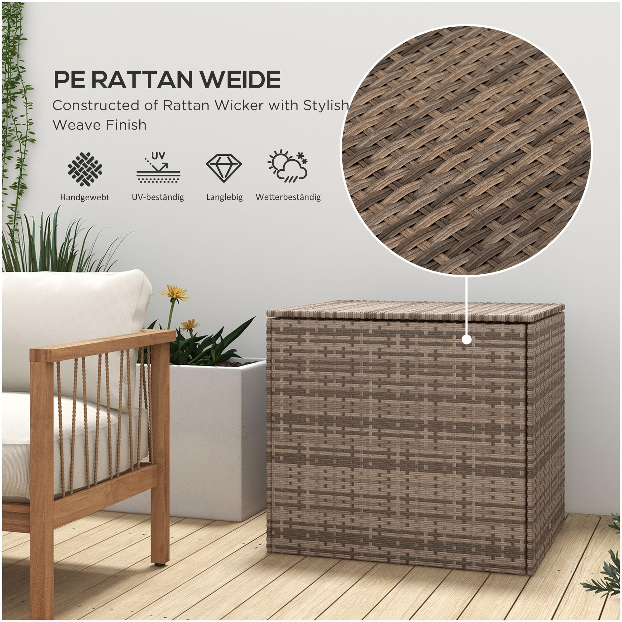 Outsunny Polirattanowa skrzynia na poduszki z pokrywką, automatyczne podnoszenie, odporna na warunki atmosferyczne, do ogrodu, na balkon, 75 x 75 x 70 cm, kolor piaskowy
