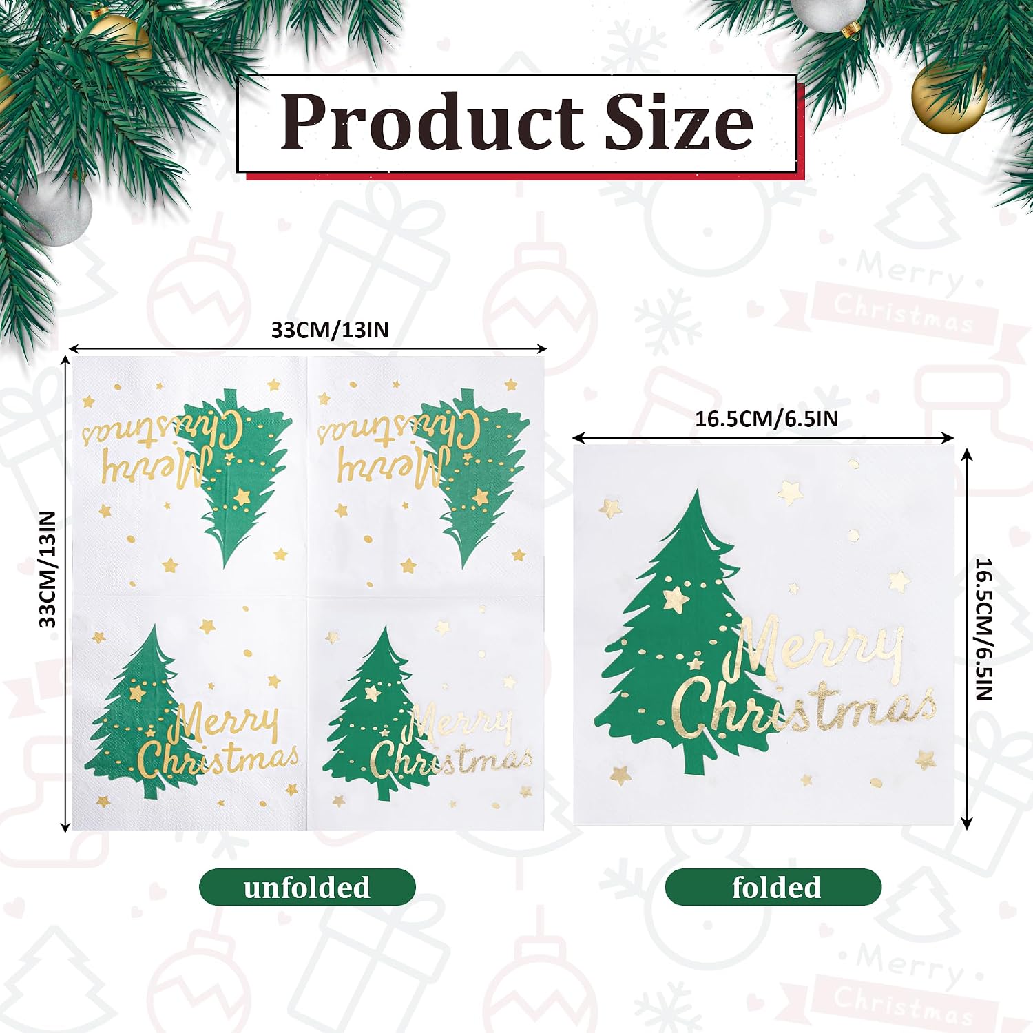 Condition photo showing New/Like New for 80 pcs disposable gold foil christmas napkins - 13 x 13 inch, xmas tree print, for holiday parties white-green