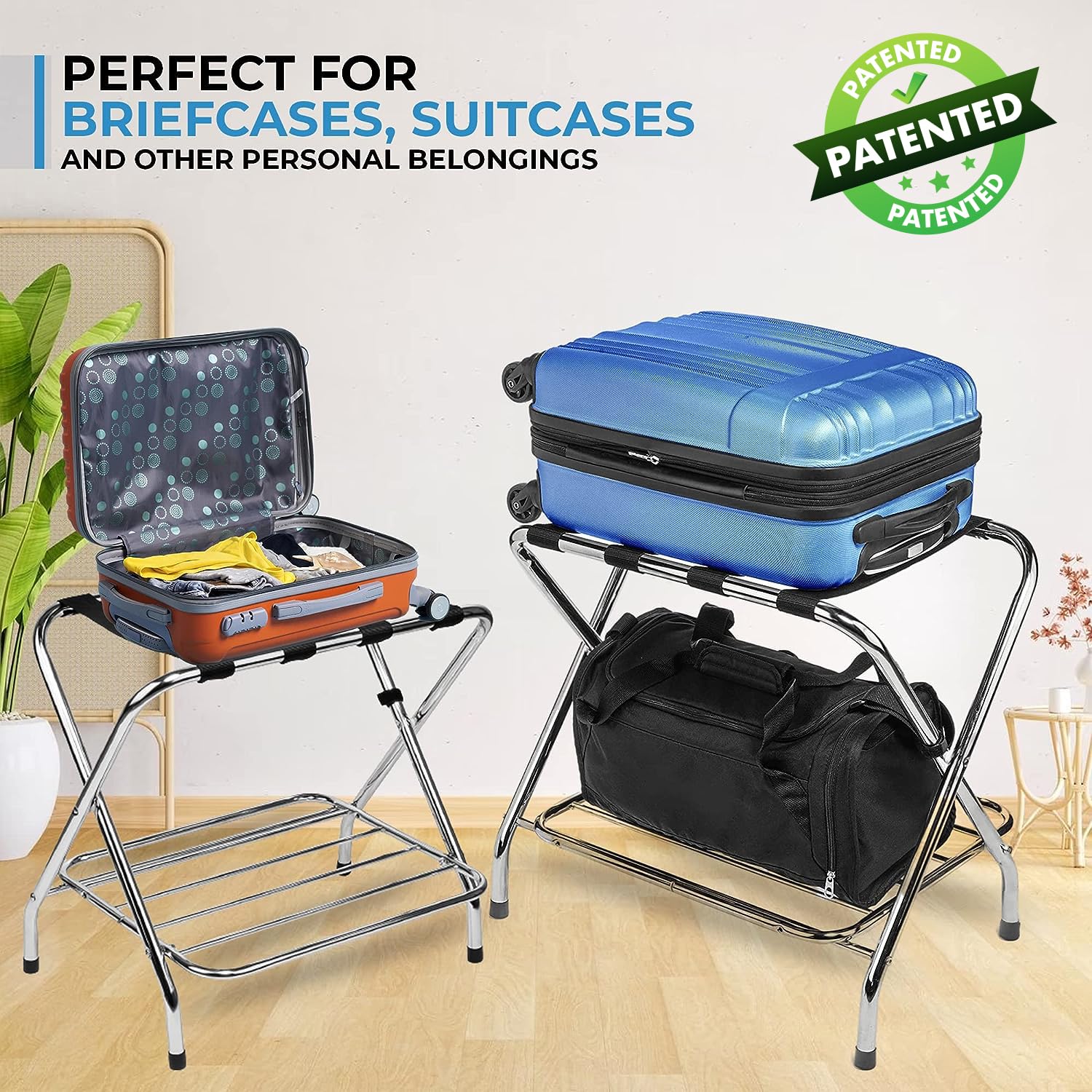 USTECH Luggage Rack-Double Tier, Chrome, Fully Asssembled, Foldable Rack for Guest Room