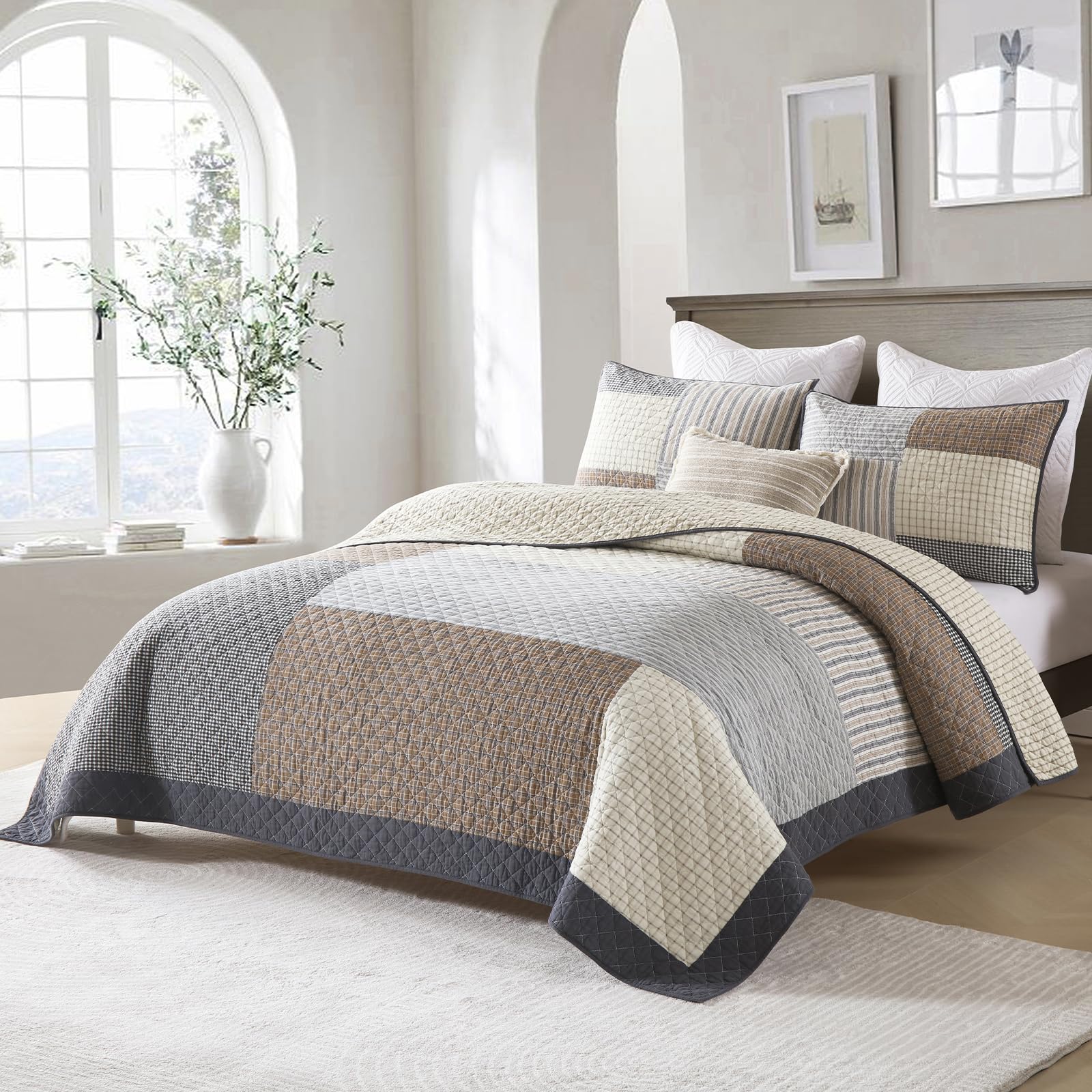 Uniclinens Quilt Set Queen Size, 100% Cotton Quilted Quilt Bedding Set Bedspread, Patchwork Plaid Quilt, Lightweight Quilted Comforter Set, 3 Pieces