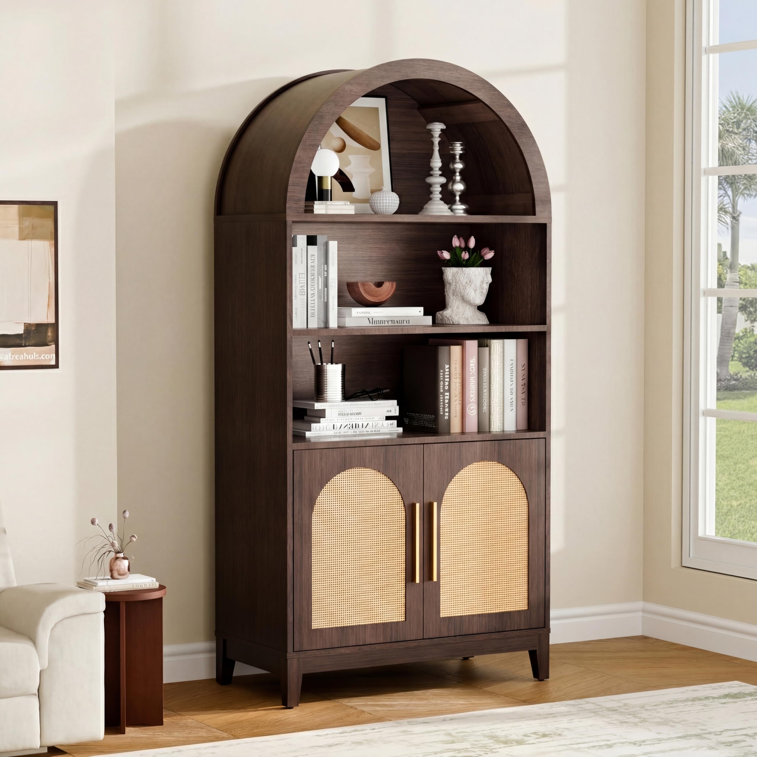 Topcomfy 63" Arched Bookshelf with Rattan Doors, Mid Century Modern Bookcase with Adjustable Shelves, 5-Tier Wood Storage Display Cabinet for Living