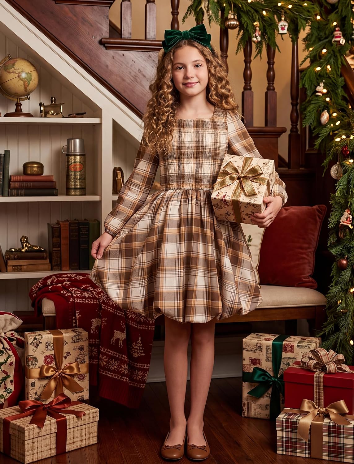 HOZIY Girls Fall Dresses Long Sleeve with Pocket Bubble Hem Smocked 6-14Y