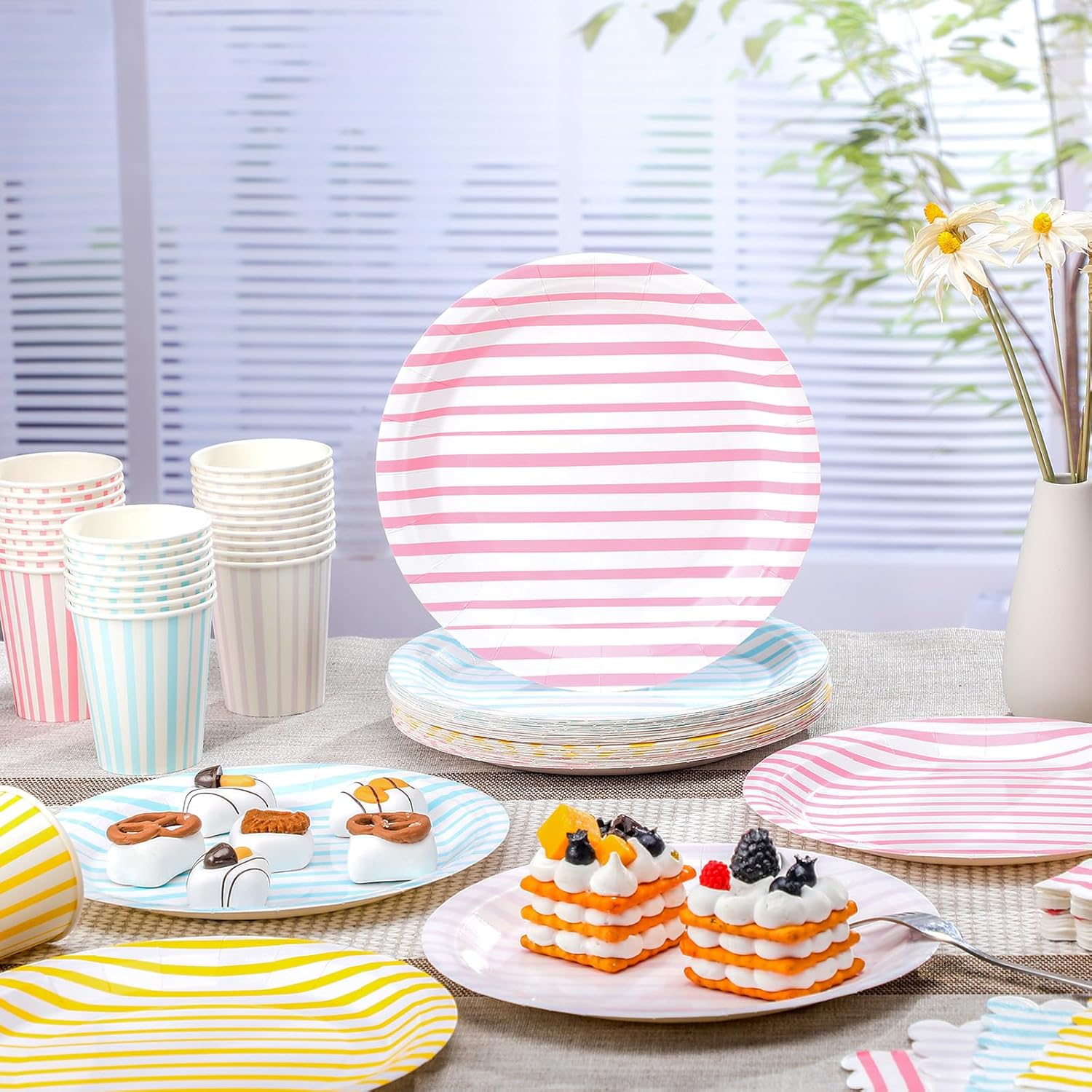 130 Pcs Disposable Stripe Pastel Party Decoration 40 Paper Plate 40 Cup 50 Napkin Macaron Dinnerware Set for Birthday Wedding Baby Shower