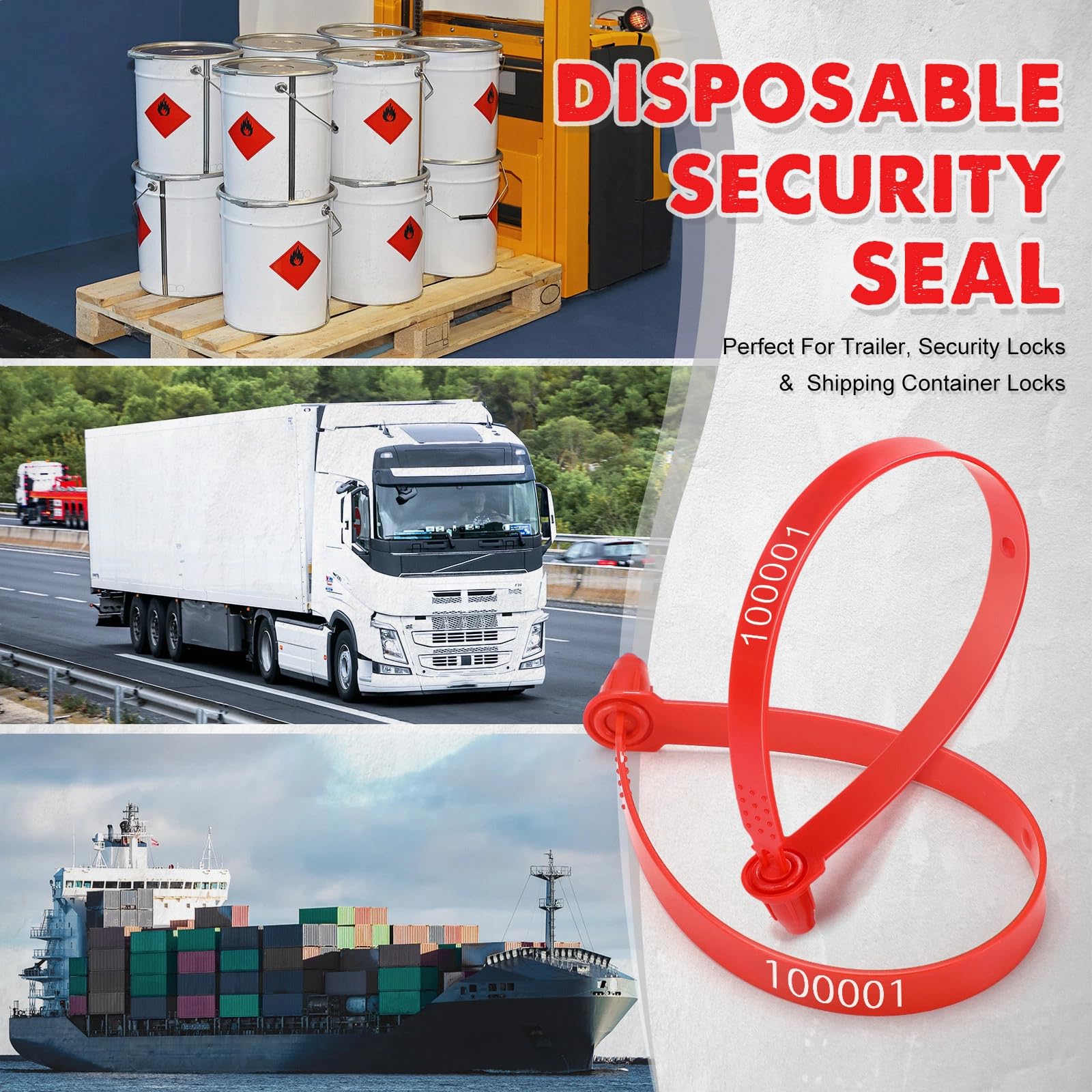 Lot de 1 000 joints de sécurité en plastique pour porte de camion - Étiquettes de sécurité numérotées - Verrouillage jetable pour remorque, logistique, transport, expédition (rouge)