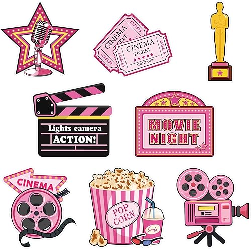32 piezas de decoración de fiesta nocturna de película, impresión de doble cara para cámara, recortes de palomitas de maíz, tarjetas de mesa,