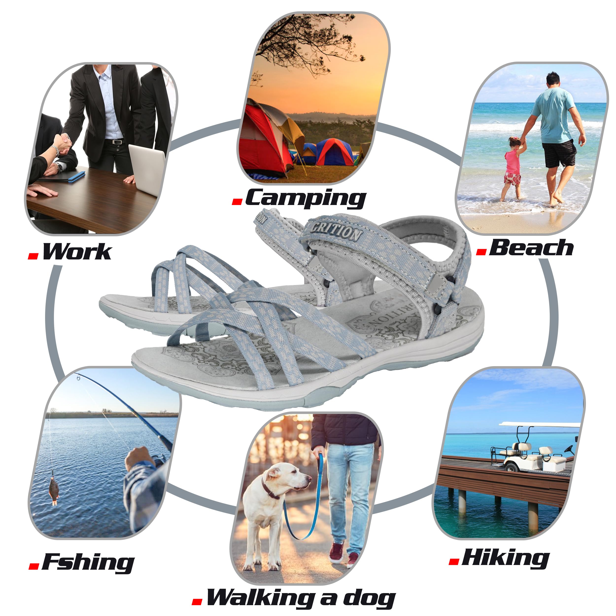 GRITION Sandalias Deportivas para Mujer, Sandalias de Verano para Senderismo Al Aire Libre para Señoras, Zapatos Planos Ajustables con Punta Abierta y Atados Cruzados