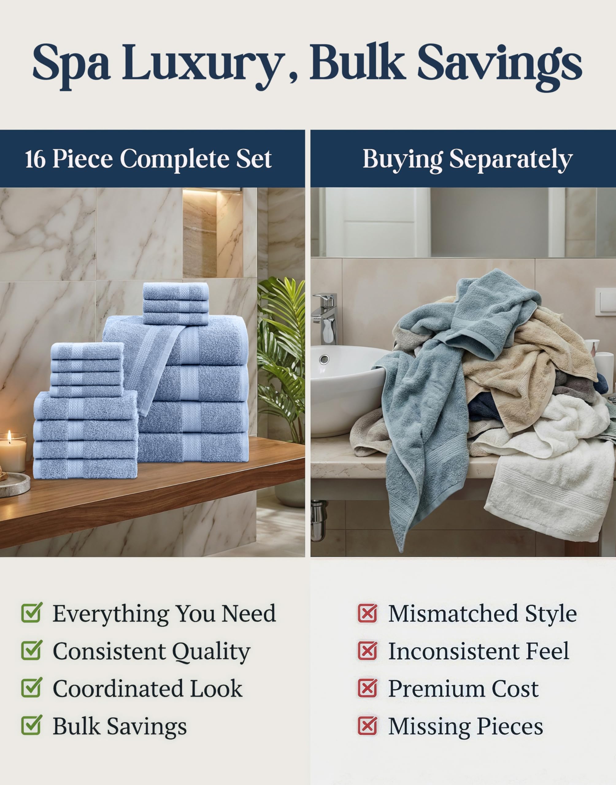 Allure - Toallas de baño de 16 piezas, 100% algodón, toallas de hotel de alta calidad, juego de toallas de baño altamente absorbentes, súper suaves, 4 toallas de baño, 4 toallas de mano y 8 paños de