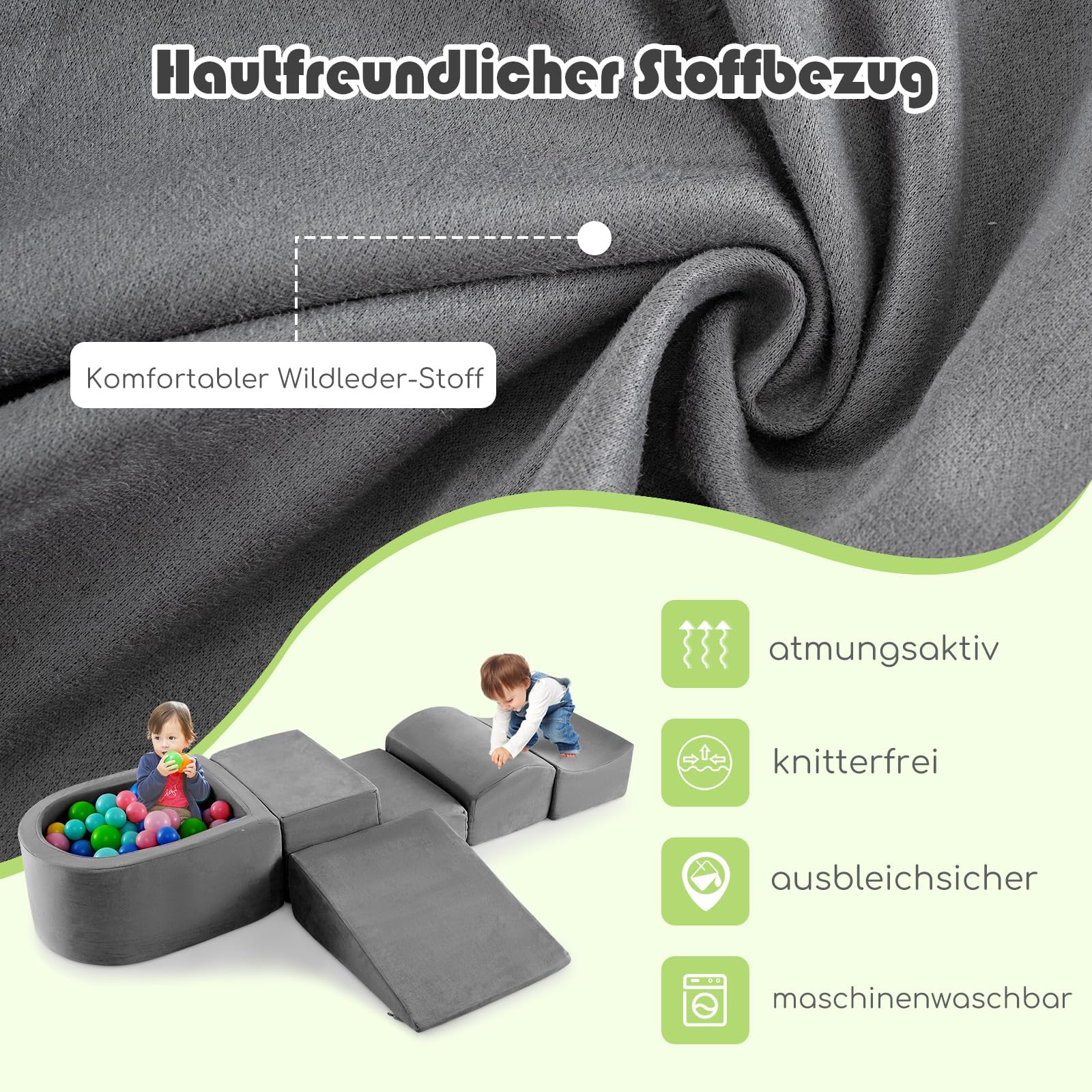 FANTASK 5 TLG. Kinder Softplay-Set, Schaumstoffbausteine mit Bällebad, Riesenbausteine zum Toben und Klettern, Schaumstoff Bausteine für Spielzimmer, Kinderzimmer (Grau)