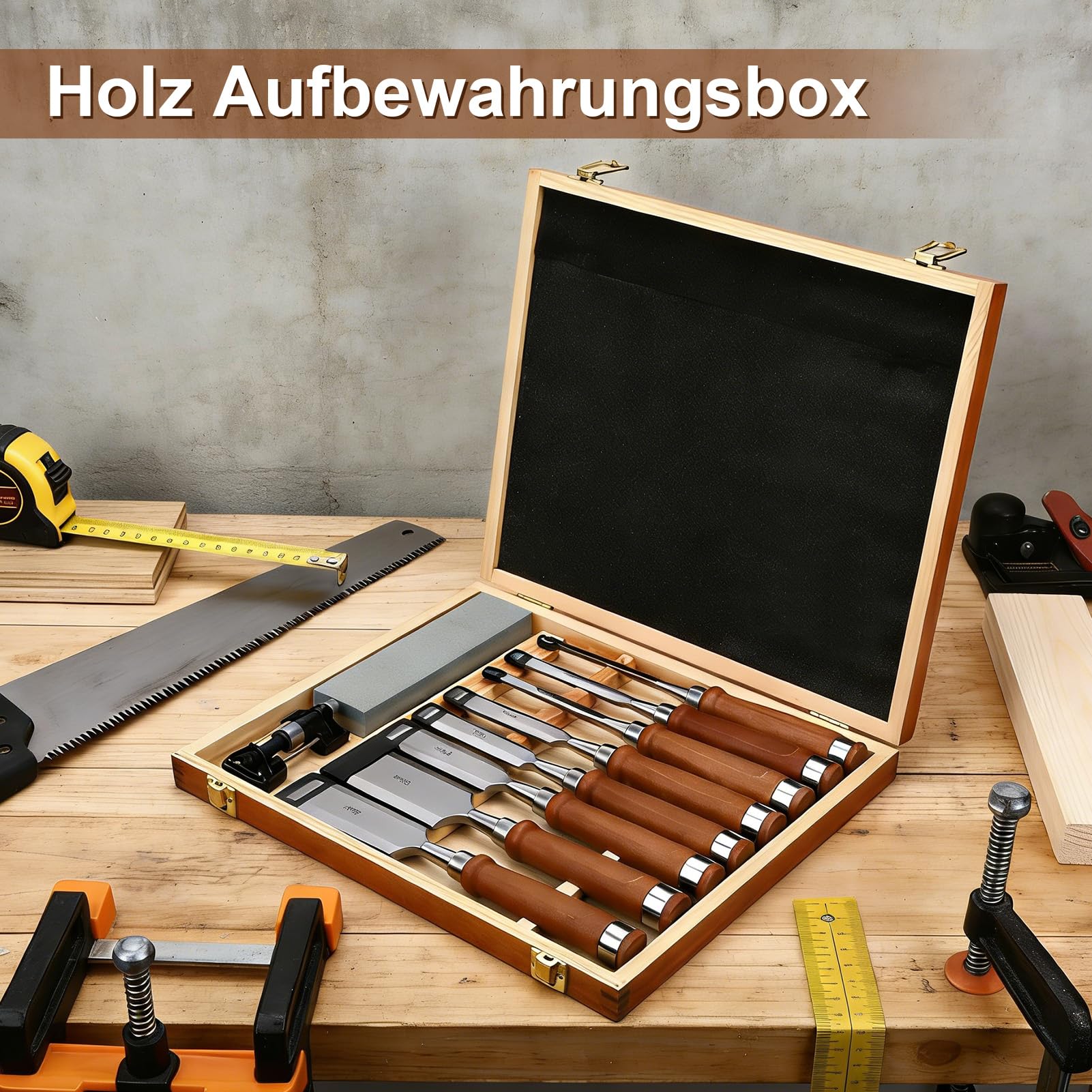 Stechbeitel Set für Holz, 8Pcs Stemmeisen mit Schleifstein & Schleifhilfe, Stecheisen Satz für Anfänger und Profis, Holzmeiselset Holzbearbeitungswerkzeuge 6mm 10mm 12mm 18mm 24mm 32mm 38mm 50mm