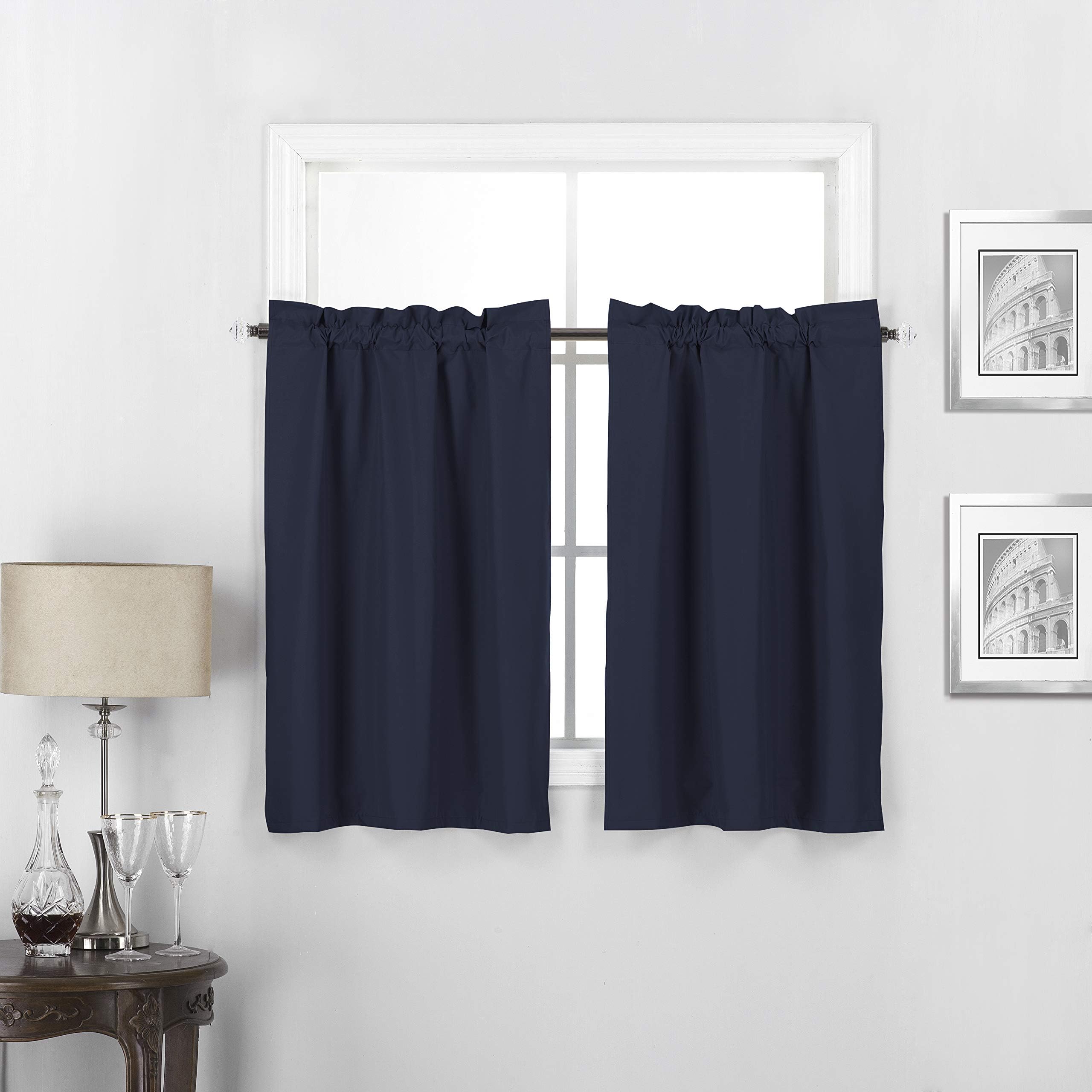 Interior Trends Twilight 2 Piece 100% Blackout Insulated Rod Pocket Window Curtain Tier Panel Drape Set (30" W x 24" L, Navy Blue)