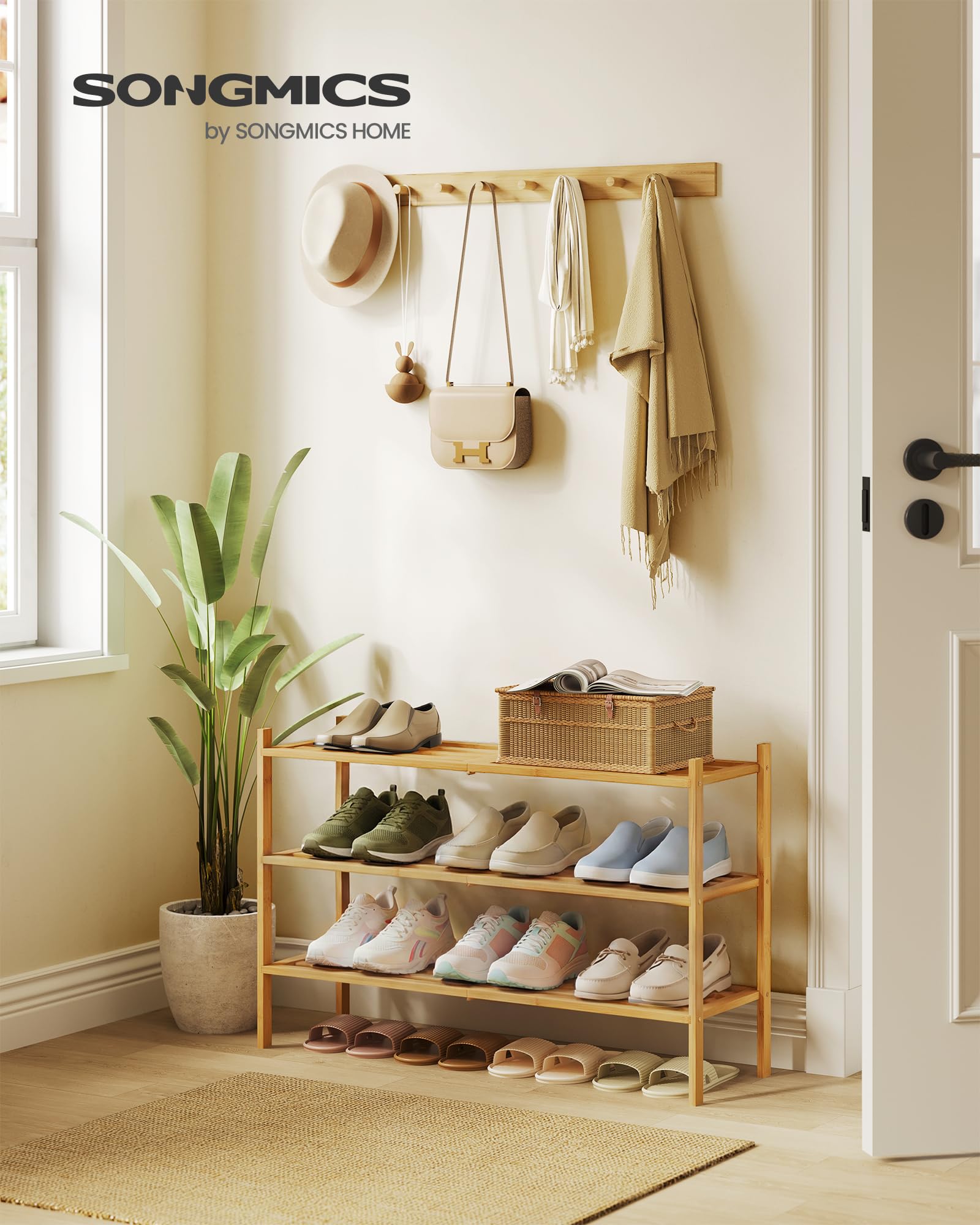 SONGMICS Zapatero de Bambú, 3 Niveles, Apilable, Estrecho, Estantería para Entrada, Salón, Dormitorio, Garaje, para 12-16 Pares de Zapatos, 25 x 70 x 51,5 cm, Natural LBS053YL01 — view 2