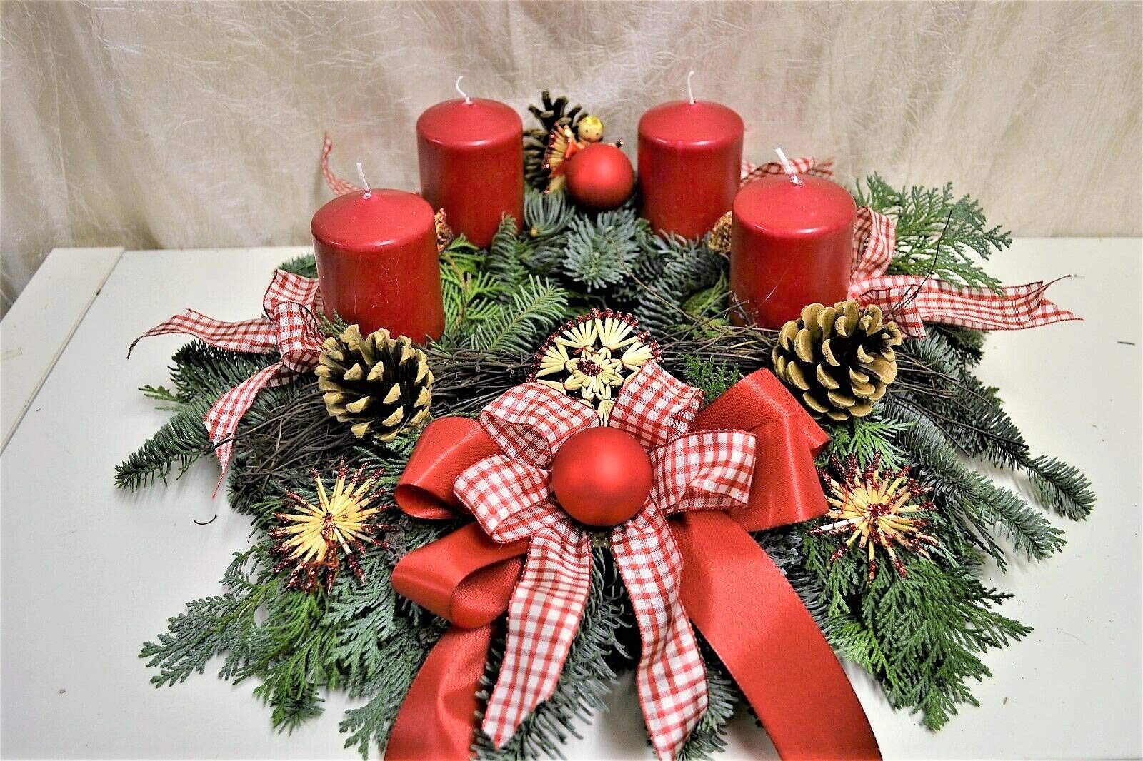 Adventskranz frisch Landhaus rot 35 cm Weihnachten Advent Gesteck Tanne Konifere