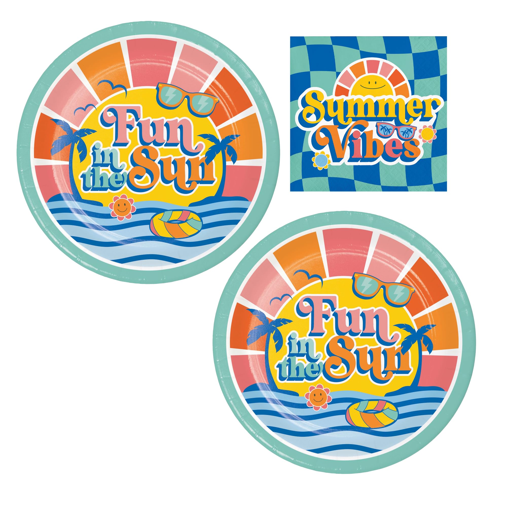 Summer Vibes Party Supplies | Tableware Set for 16 Guests: (16) 7-Inch Dessert Plates & (16) 2-Ply Beverage Napkins