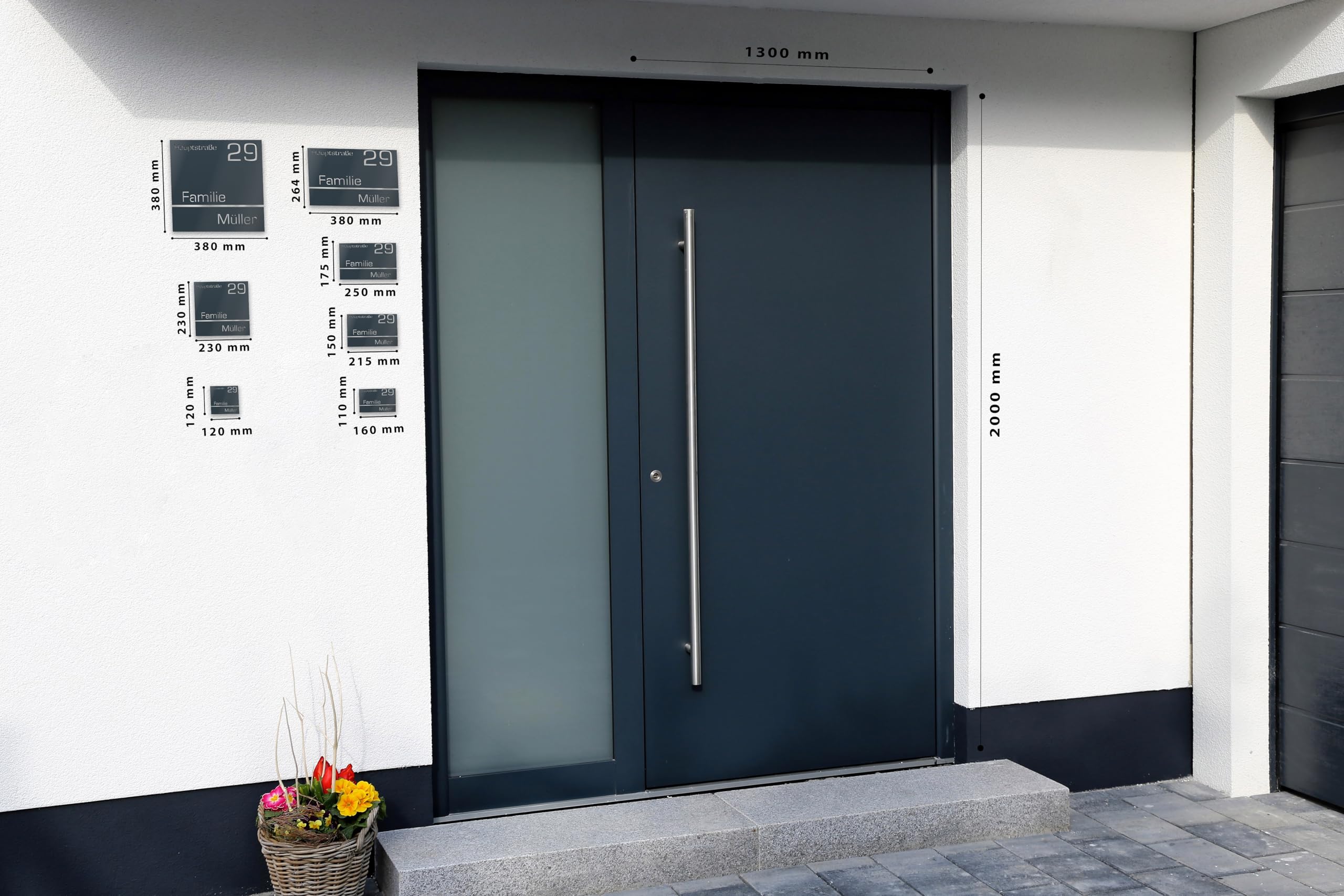 Numero civico personalizzabile in vetro acrilico + acciaio inox V2A 250 x 175 mm Nero, Resistente alle intemperie, Antiruggine, Targa per porta d’ingresso, Made in Germany