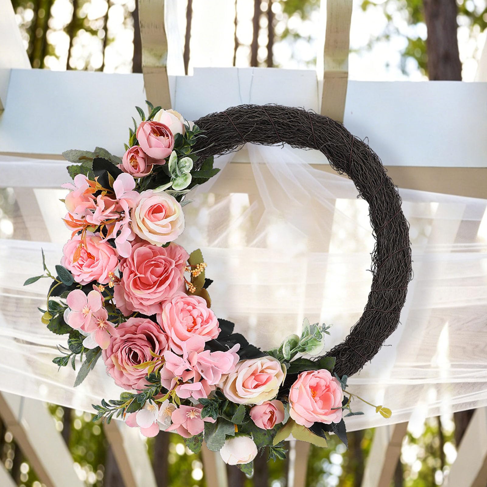 Ghirlanda Primaverile Artificiale con Fiori, Decorazione Primaverile Ed Estiva per Pasqua, Rose Rosa Realistiche, Decorazione da Appendere Alla Porta per Interni Ed Ester (Ghirlanda di rose